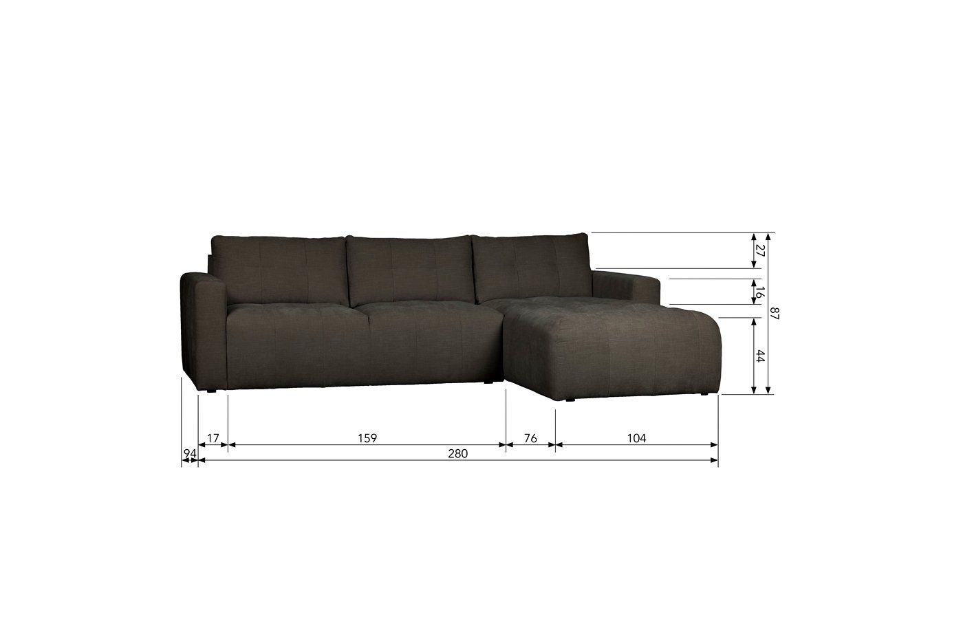 Ecksofa Longchair-Sofa Stoff vtwonen Bar Anthracite, freistellbar - Rechts