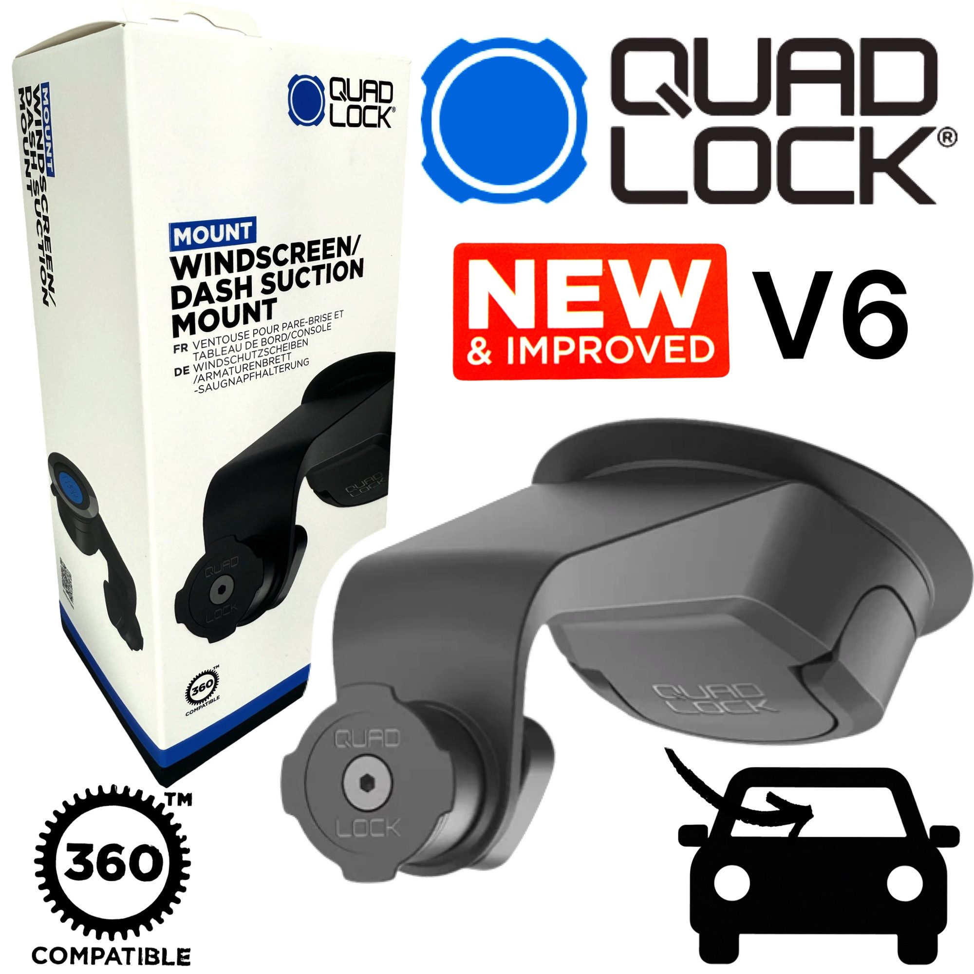 Quad Lock Handy-Halterung QUAD LOCK Auto Handyhalterung V6 für Windschutzscheibe Armaturenbrett