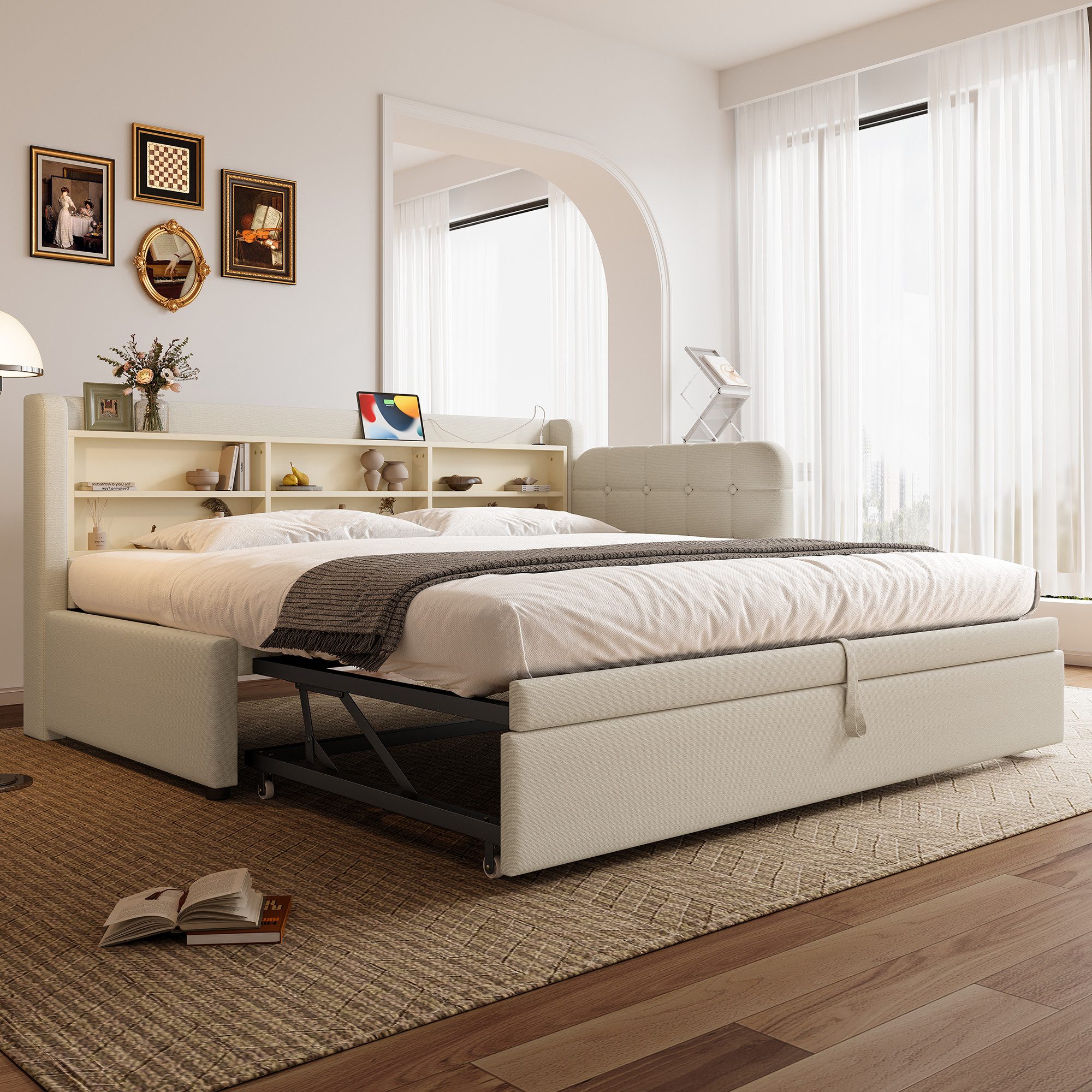 Merax Daybett 90x200cm/180x200cm mit Ausziehbett (Retro-Knopfdesign, Sofabett Kinderbett Polsterbett, 1 tlg), Tagesbett Schlafsofa mit Ablageflächen USB /Typ-C-Anschlüssen, Leinen