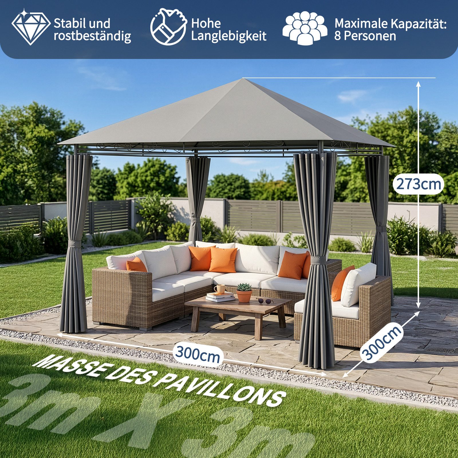 LALAHO Pavillon Gartenpavillon 3x3m mit Vorhängen, wetterfest & UV-beständig, mit 4 Seitenteilen, Terrassenpavillon Partypavillon für Party Grillabend Terrasse – Bild 4 von 5