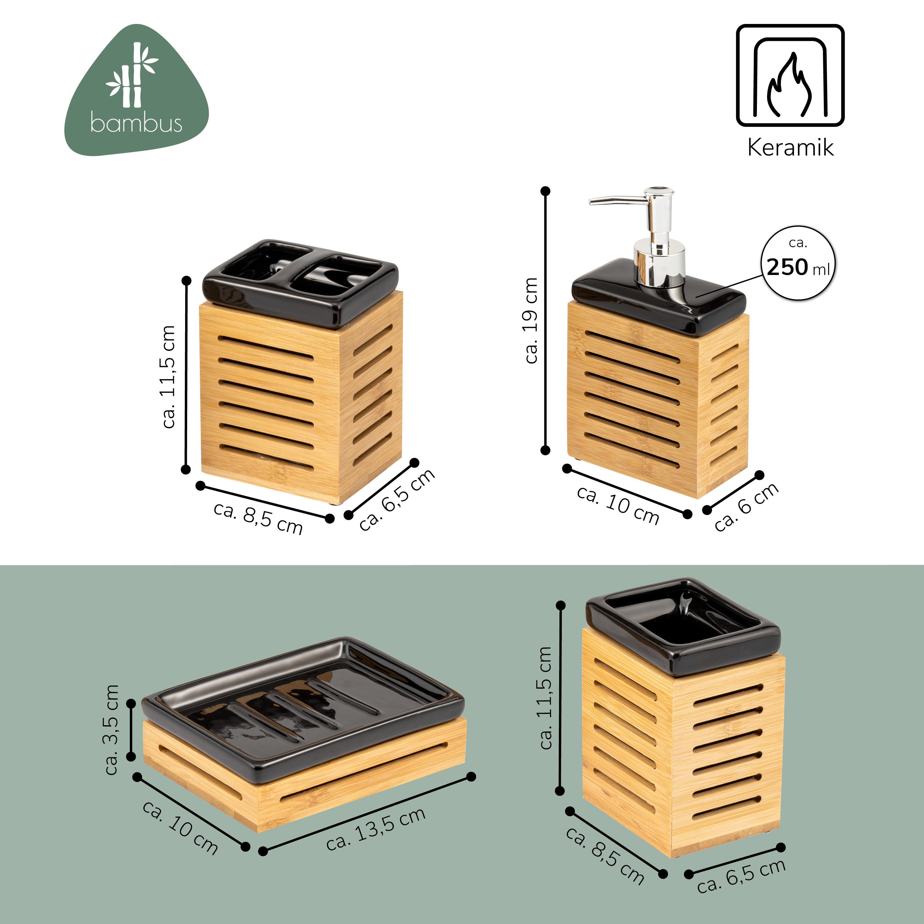bremermann Badaccessoire-Set Badezimmer-Set 4-tlg., Bambus, Keramik, schwarz, Badezimmer-Zubehör