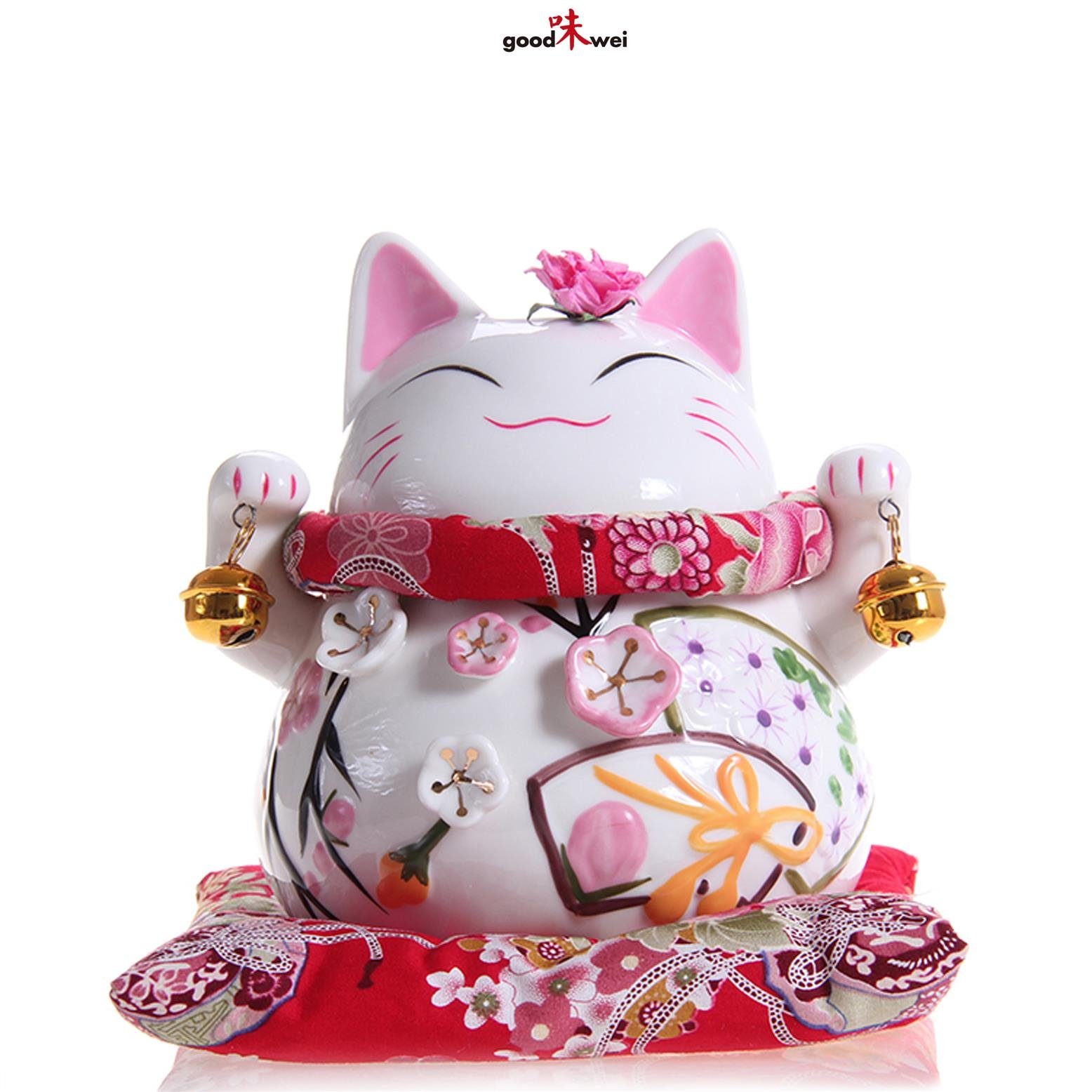 Goodwei Dekofigur Japanische Glückskatze "Maneki-Neko" aus Porzellan - Spardose (Mittel)