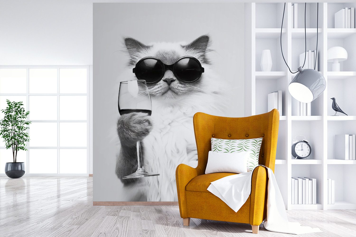 MuchoWow Fototapete Katze - Sonnenbrille - Weinglas - Langhaarig, Matt, bedruckt, Wallpaper für Wohnzimmer, Schlafzimmer, Vinyl Tapete, 165x220 cm