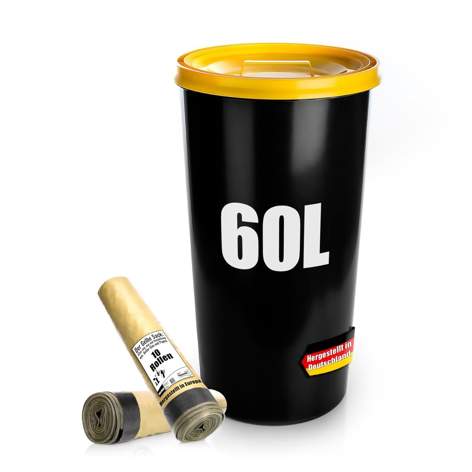 BigDean Mülleimer Gelber Sack Tonne 60L luftdicht mit Deckel und 10 Rollen Gelber Sack, Gelbesack Tonne, Luftdicht, Universell nutzbar