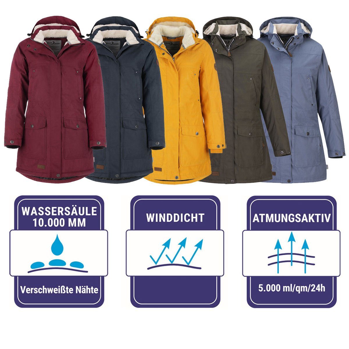 Blue Wave Anke Outdoor-Jacke Funktionsparka Parka oliv Fleece-Rücken Kapuze Damen und mit