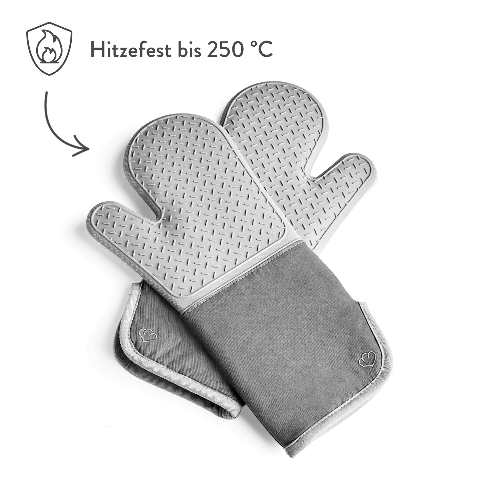Springlane Topfhandschuhe 2-tlg. in verschiedenen Farben - Silikon & Baumwolle - bis 250°C, (2-tlg., bestehend aus 2 einzelnen Handschuhen), Grau, rutschfest, extra langer Armschutz