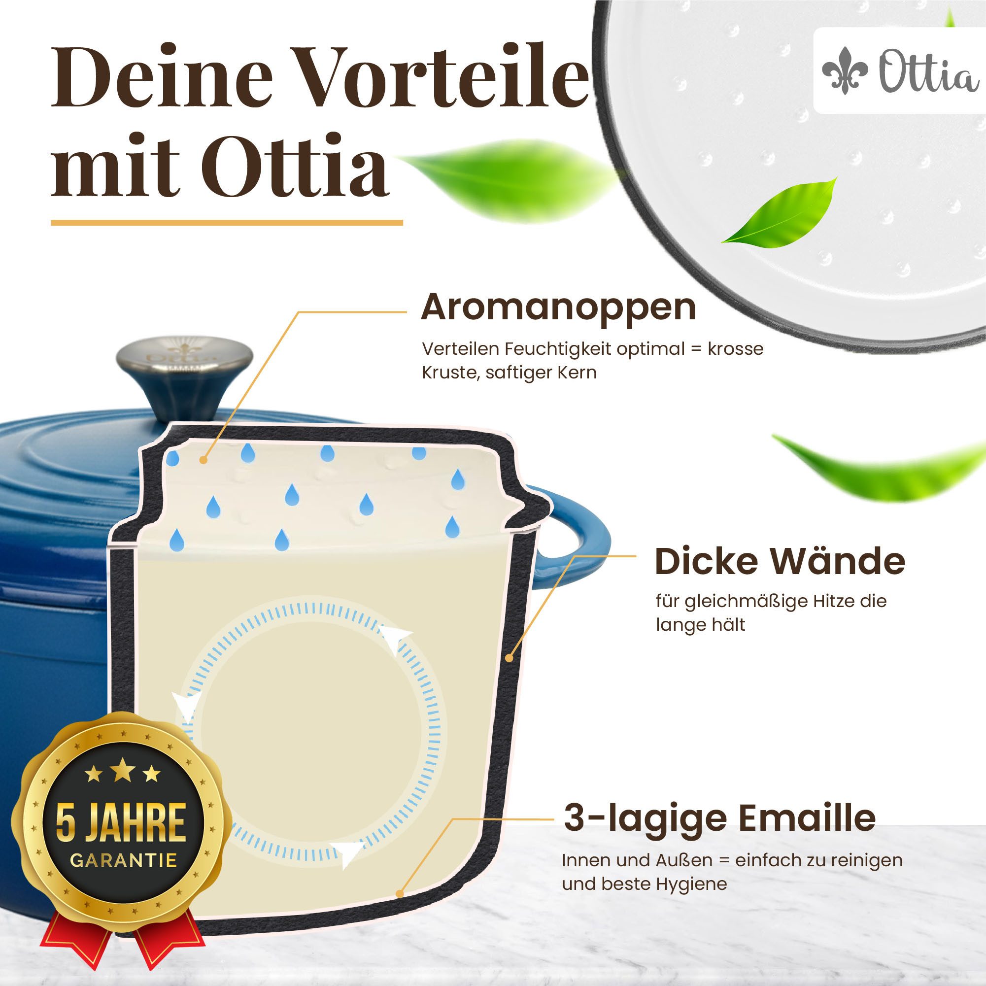 Ottia Schmortopf Gusseisen Topf lc, 26cm groß, 5L, Bräter, Brotbacktopf, Gusseisen, 3-fach Emaille, Händler aus Hamburg