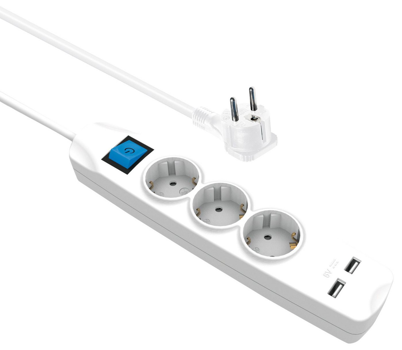 Maxtrack Steckdosenleiste (Kabellänge 5 m), 3-fach Steckdosenleiste mit flachem Winkelstecker und 2x USB