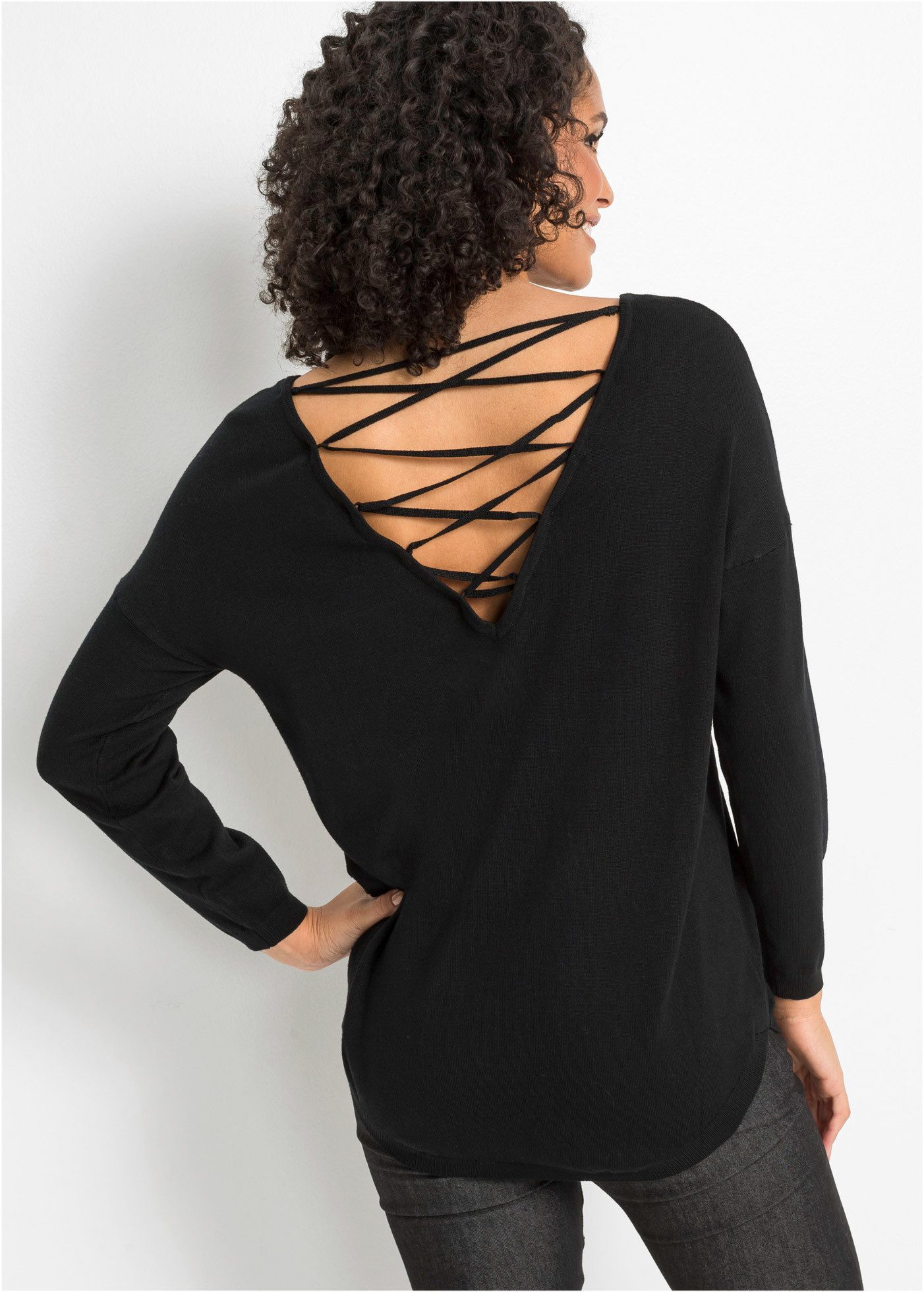 bonprix Strickpullover Viskose-Feinstrick, abgerundeter Saum, Schnürung im Rücken