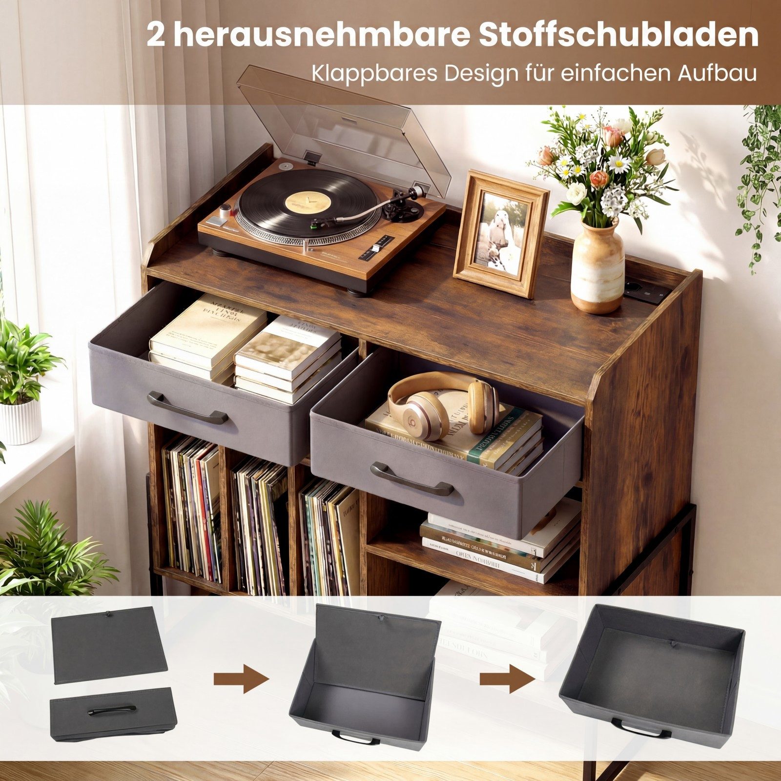 COSTWAY Sideboard Plattenspieler Tisch mit Steckdosen, Schallplattenregal, Plattenständer – Bild 4 von 5