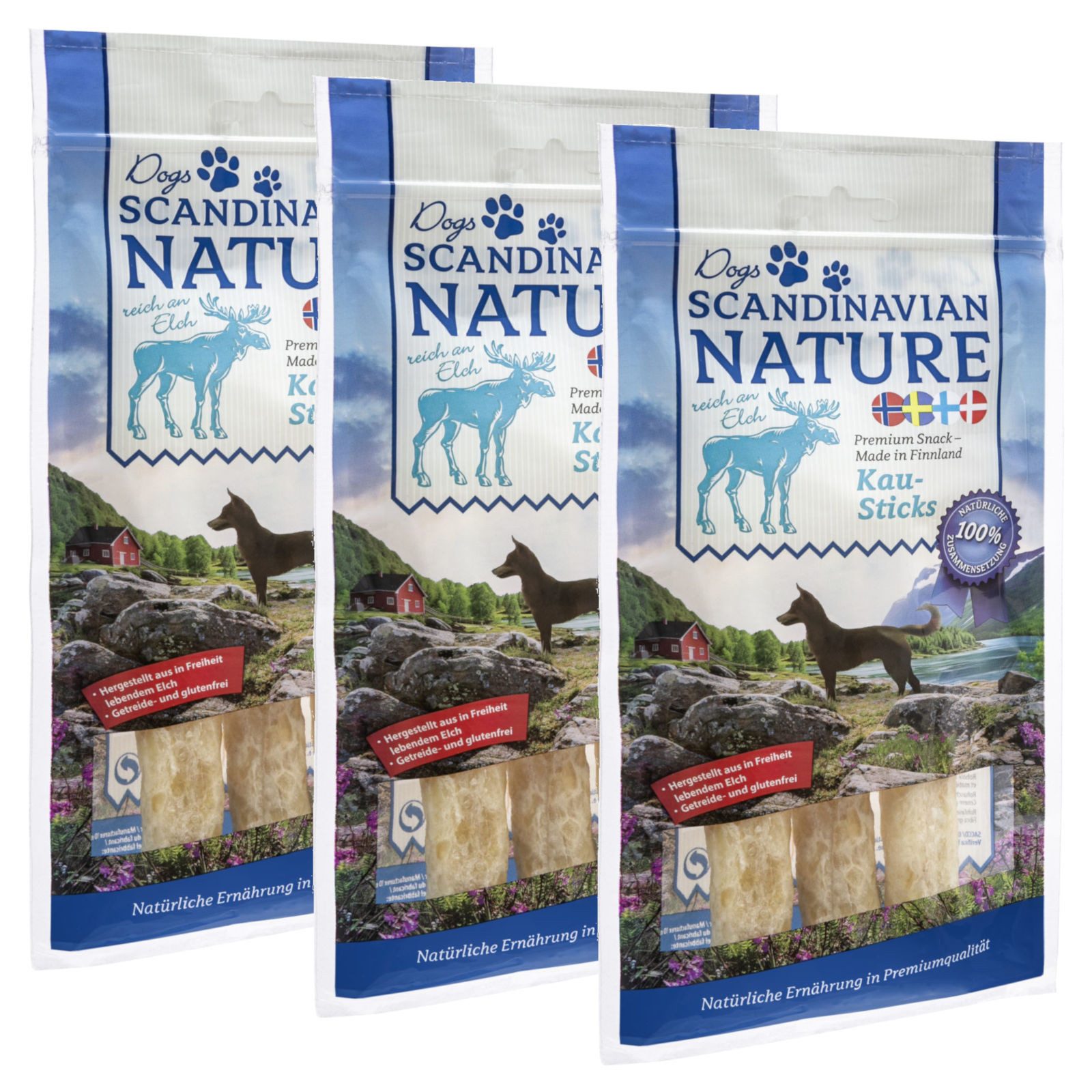 Scandinavian Nature Dogs mit Elch, 3x 45 g, Kausticks für Hunde, 135g