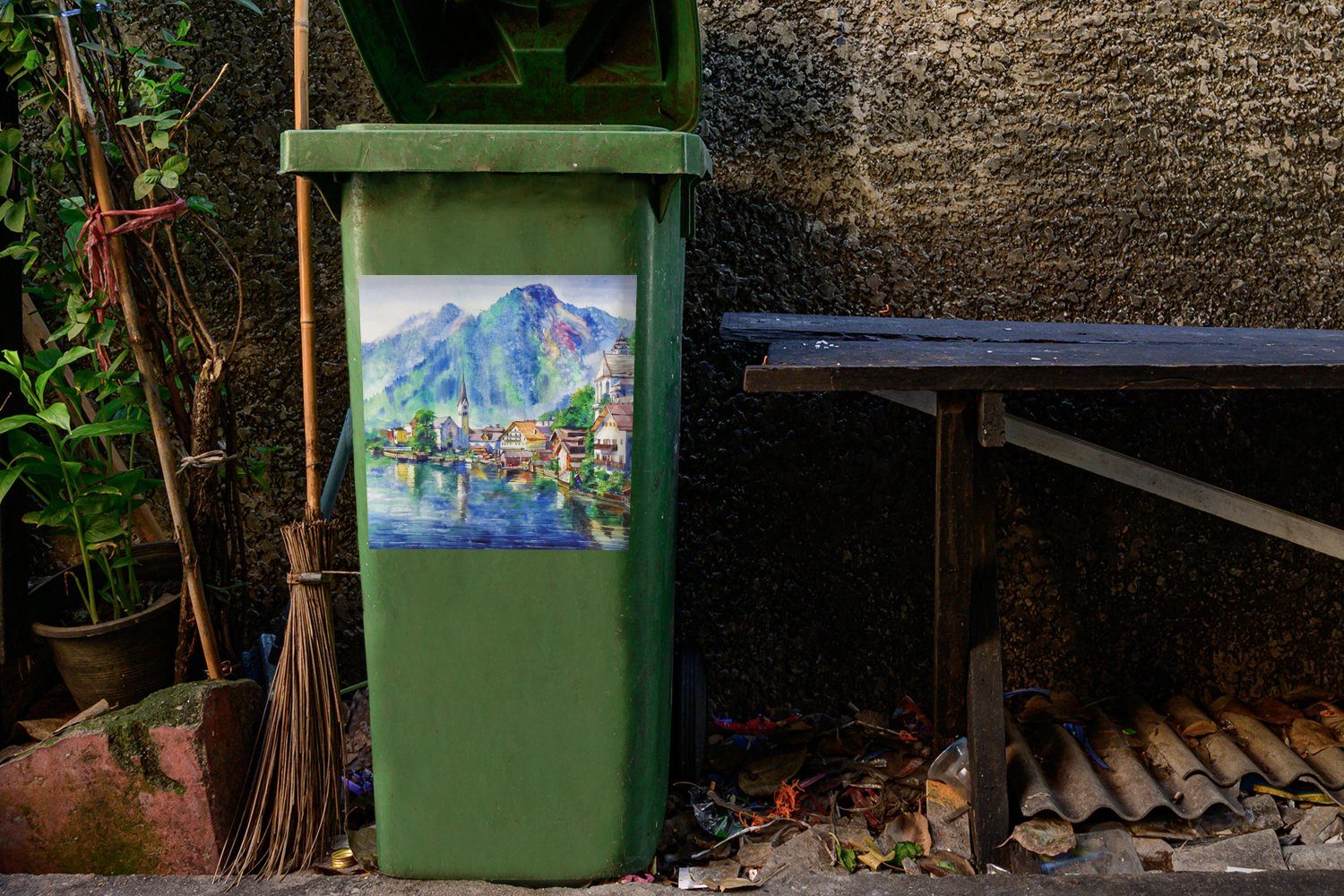 Wandsticker St), Gemälde Berge Container, Haus Sticker, MuchoWow (1 - Ölfarbe - Mülleimer-aufkleber, Wasser - Mülltonne, Abfalbehälter -