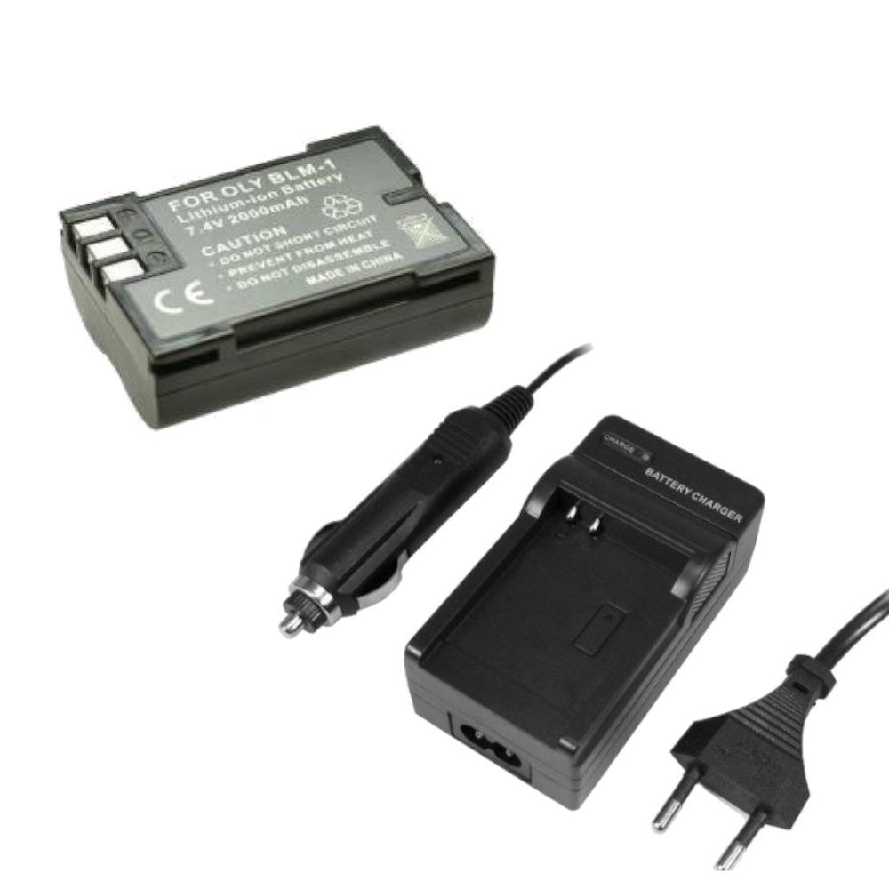 Trade-Shop 2in1 Set passend für Olympus E1 E3 E300 E330 E500 Ladegerät + Kamera-Akku Li-Ion (7,4 V), Für 220V Steckdose und 12V/24V Kfz Zigarettenanzünder