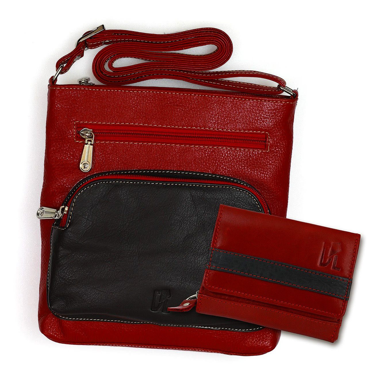 DrachenLeder Handtasche Umhängetasche + Geldbörse Set Leder rot (Handtasche, 2-tlg), Handtasche, Geldbörse Echtleder, rot, schwarz
