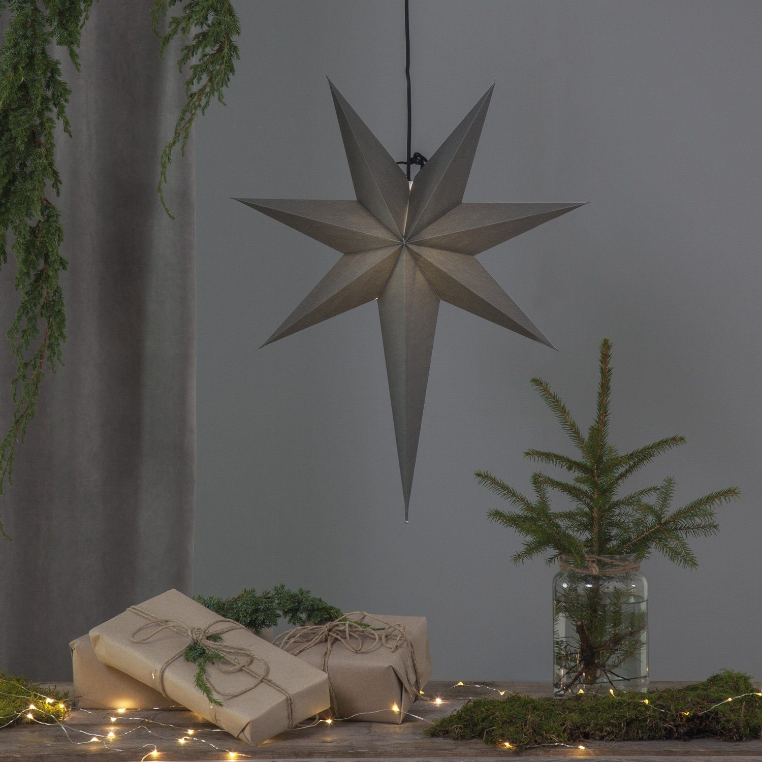 STAR TRADING LED Stern Papierstern Leuchtstern Faltstern 7-zackig hängend 55cm mit Kabel grau