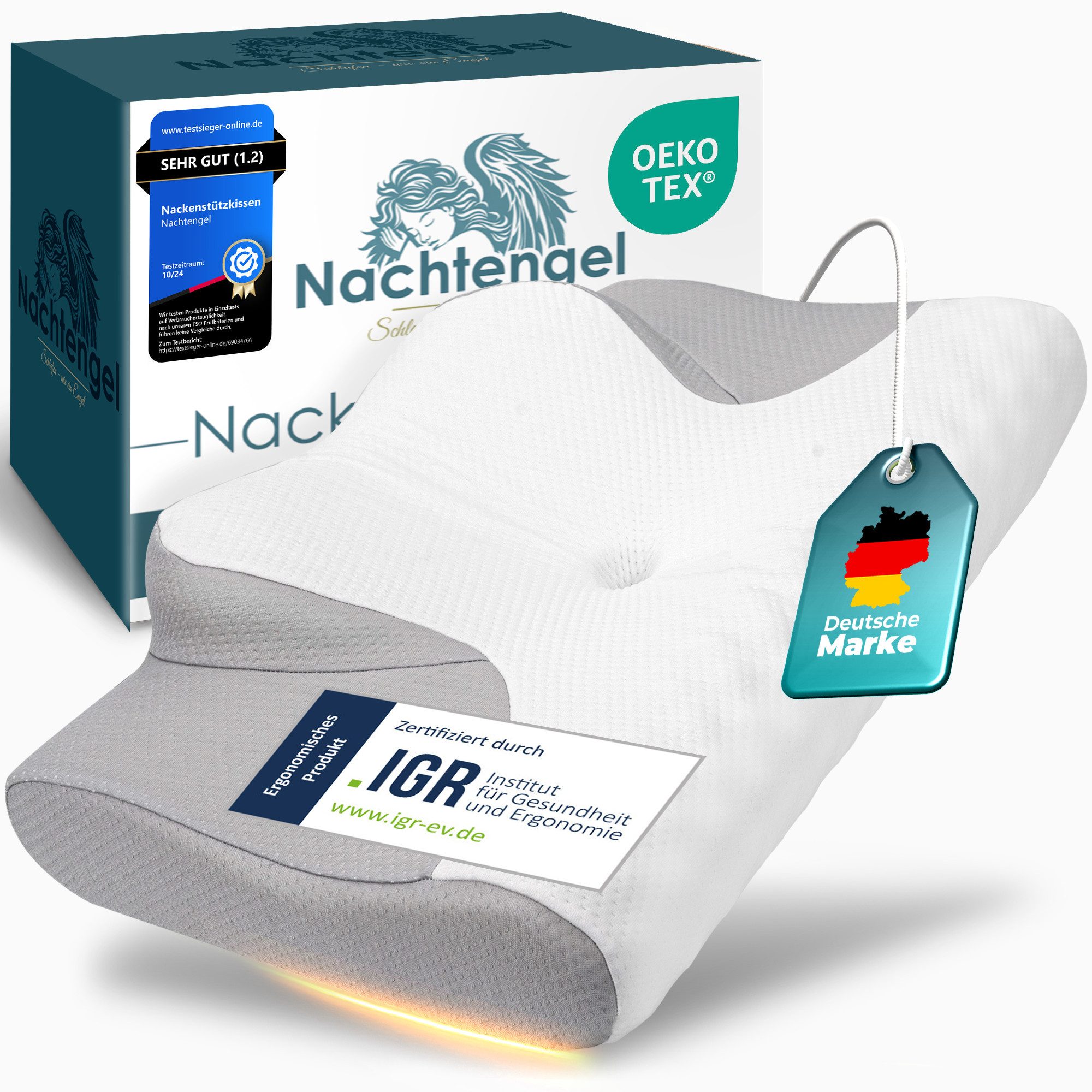 Nachtengel Kopfkissen Orthopädisch – Ergonomisches Nackenstützkissen aus Memory Foam, Rücken-, Bauch- & Seitenschläferkissen, Anti-Schnarch-Kissen, Nackenstützkissen