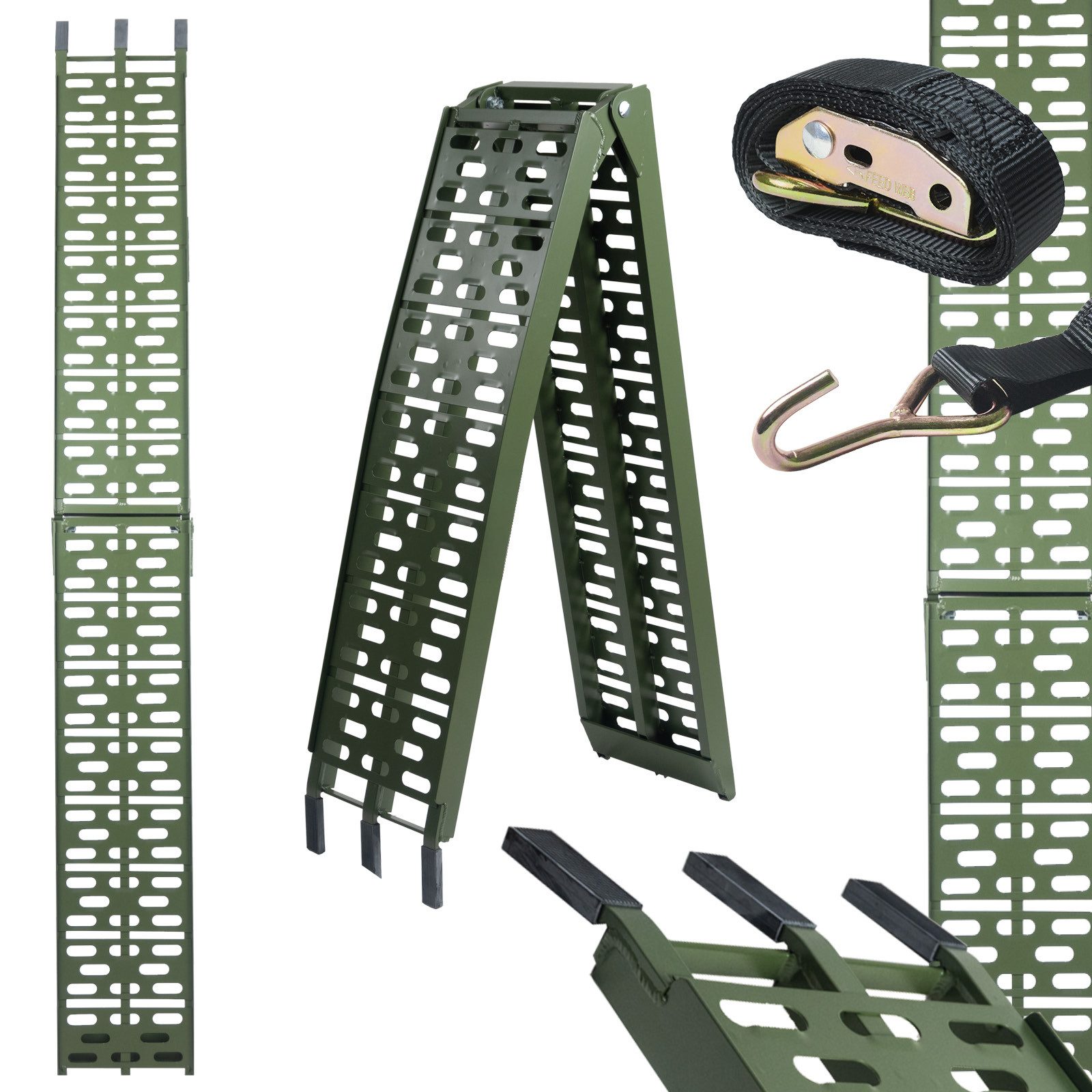 TRUTZHOLM Auffahrrampe klappbar 228 cm Traglast 340 kg Aluminium gelocht Motorradrampe oliv (1-St., Inkl. 1x Spanngurt), stabile Konstruktion, hochwertige Verarbeitung, kompakte Bauweise