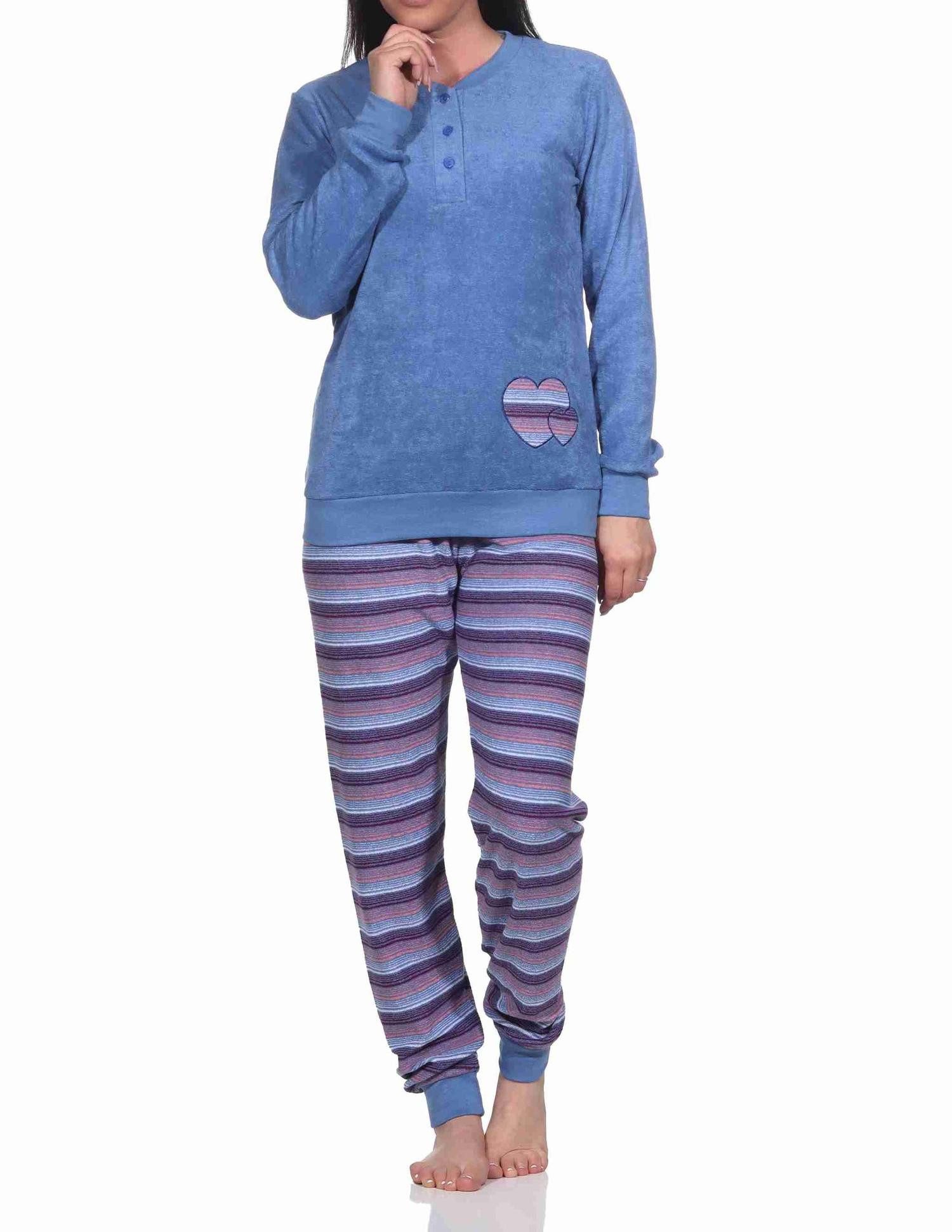 Pyjama Wunderschöner Damen Frottee Schlafanzug mit Bündchen und Herz-Motiv