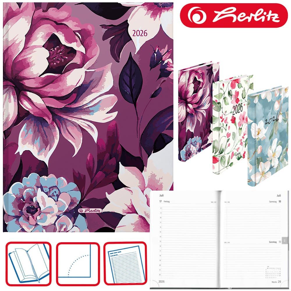 Herlitz Buchkalender A5 Rainbow 2026 Blumen dunkelrot