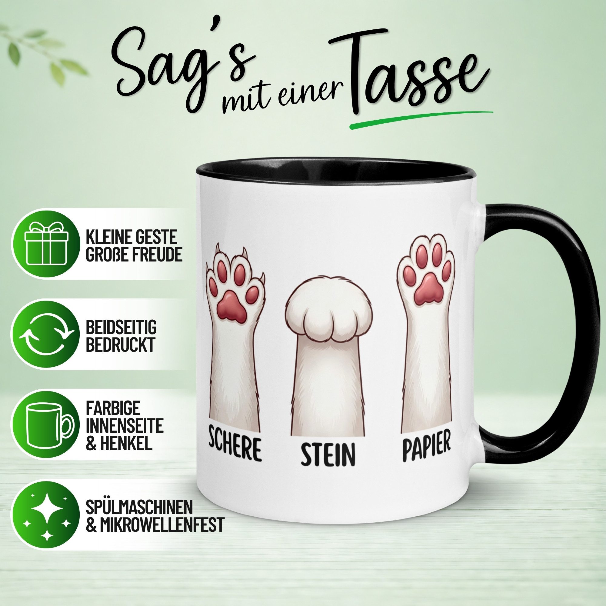 Momentals Tasse Katze – „Schere - Stein - Papier“ – lustiger Katzen Geschenk Becher, Gratis Versand · Links-&Rechtshänder · Spülmaschinenfest