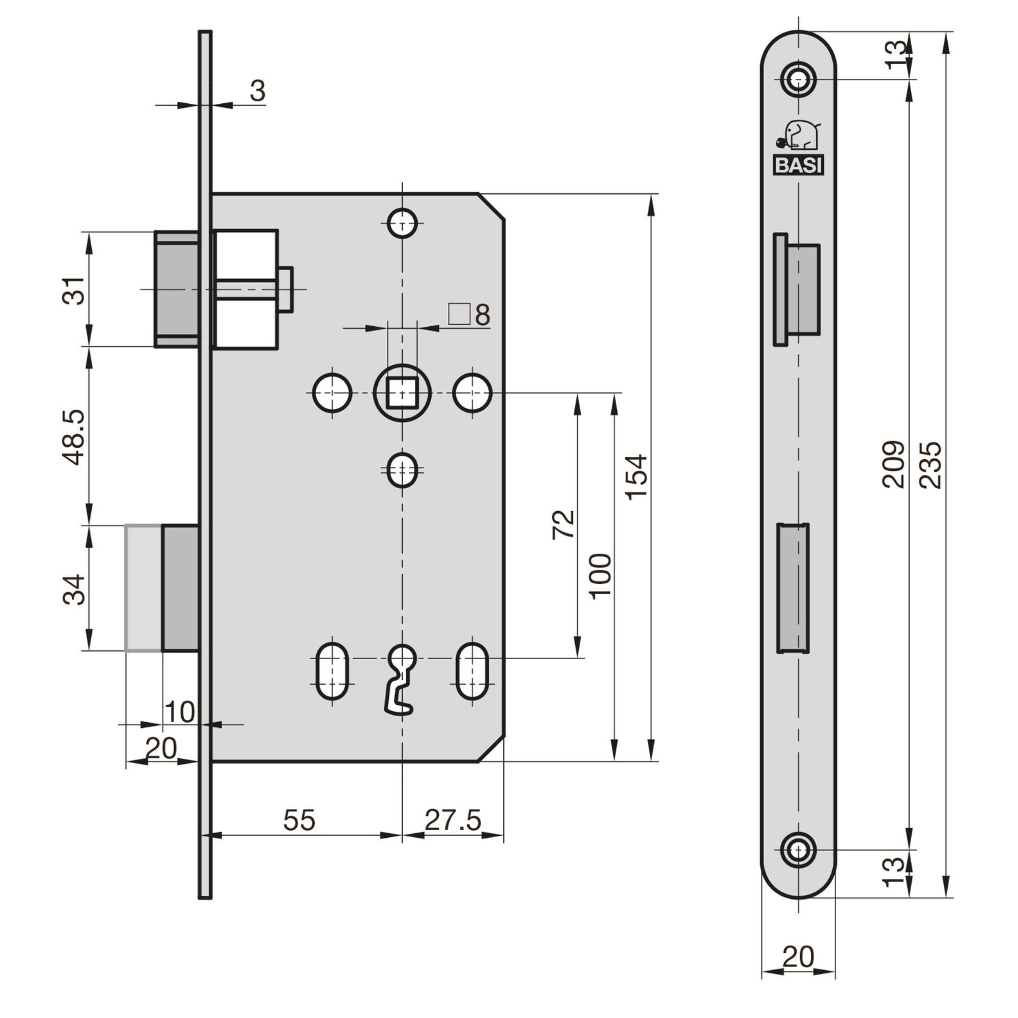 BASI Einsteckschloss Zimmertürschloss mit BB-Lochung 72/8 mm, Dorn 55mm, Dornmaß 55 mm, Spar-Set, 4er SET, Buntbart, DIN Links, Rundstulp Edelstahl, 1 Schlüssel/Schloss