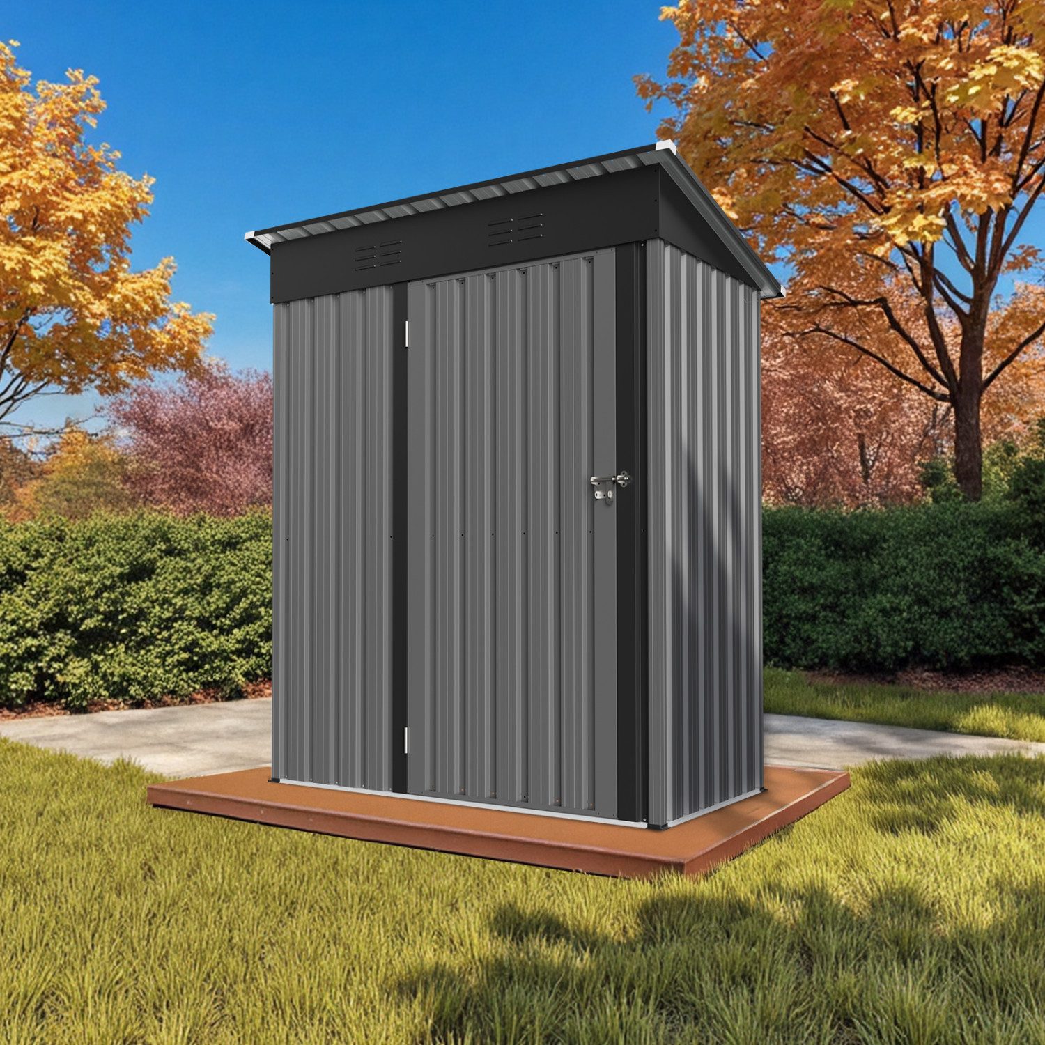 HOMAVO Gerätehaus mit Pultdach, Gartenhaus Metall mit Fundament, mehrere Größen zur Auswahl, mit Belüftungsöffnungen