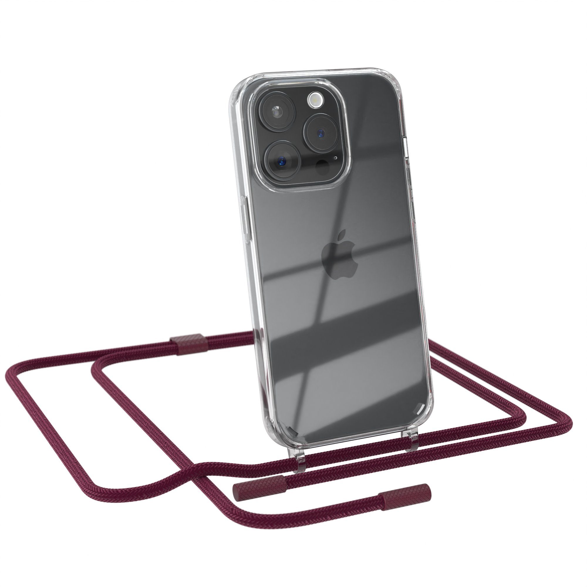 EAZY CASE Handykette Silikon Kette Unifarbe für Apple iPhone 15 Pro 6,1 Zoll, Silicon Handyhülle mit breiter Kette Carabiner Bordeaux Rot Beere