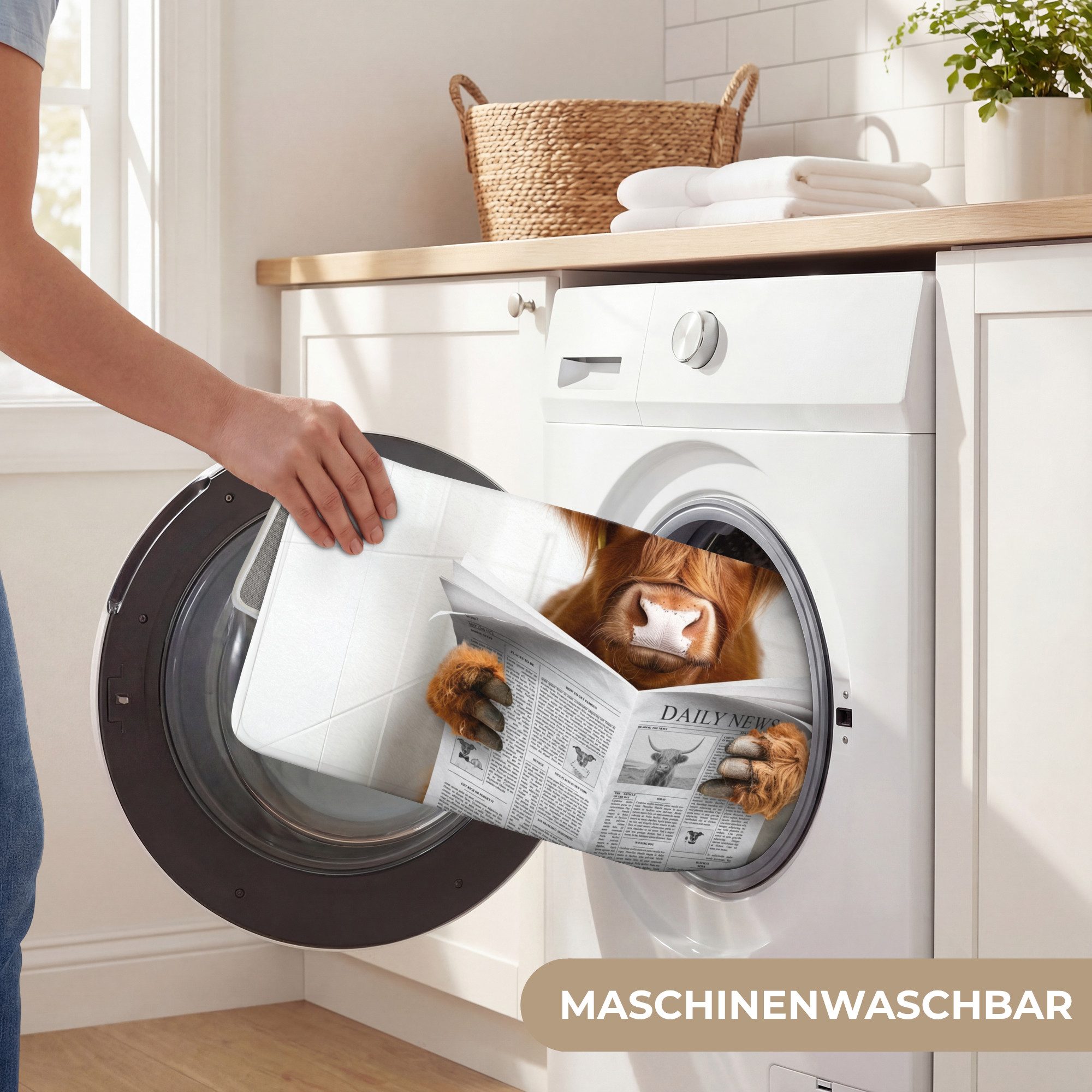 OnlyWow Badematte Schottischer Highlander - Tier - Zeitung - Toilette, Höhe 10 mm, Polyester, Rechteckig, Badezimmerteppich, Badteppich, Rutschfest, Badvorleger – Bild 5 von 5