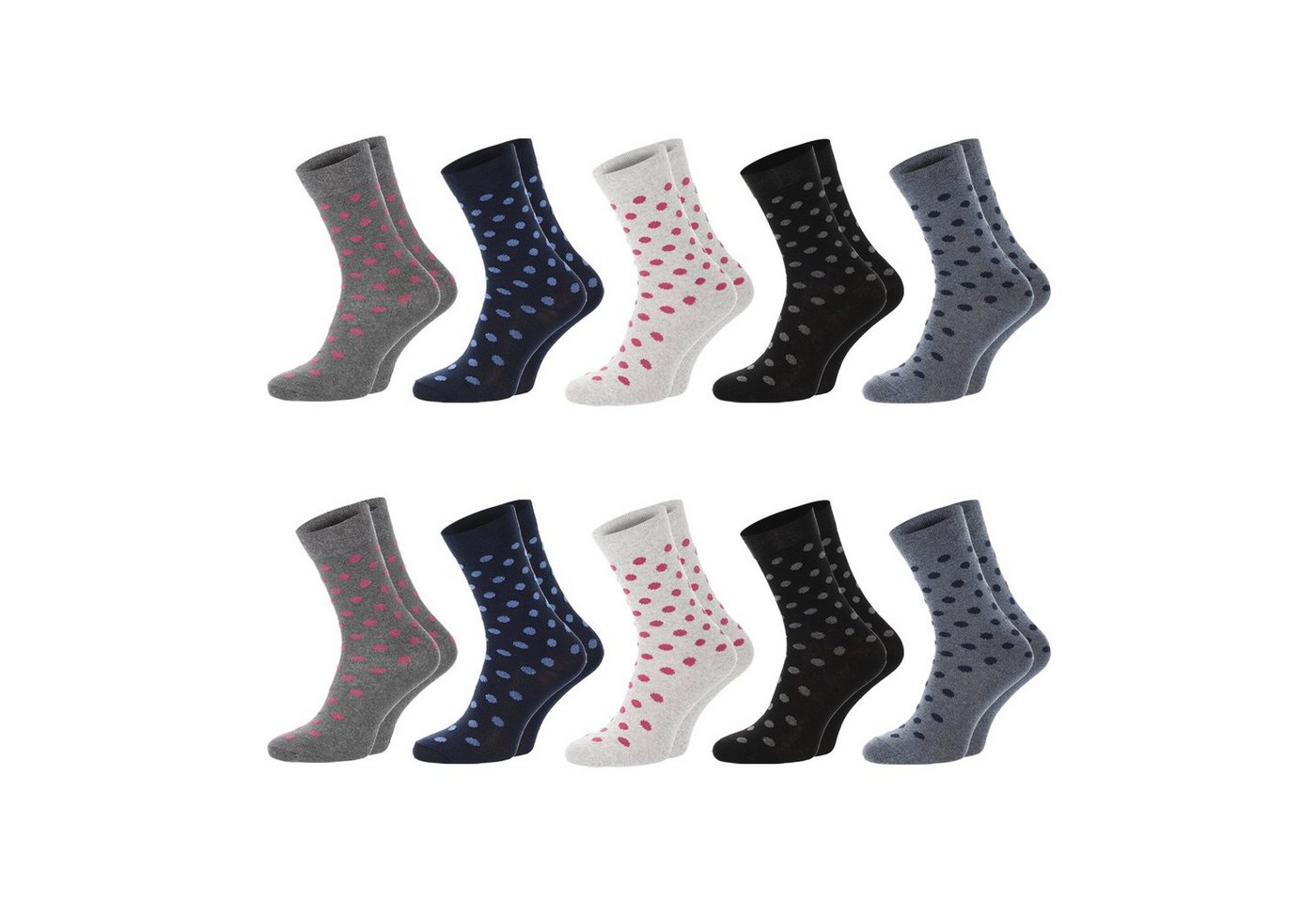 Chili Lifestyle Basicsocken Punkte Damensocken Baumwollsocken jeansblau grau schwarz (Multipack, 10-Paar, 5 Farbdesings) Weichbund ohne Gummidruck