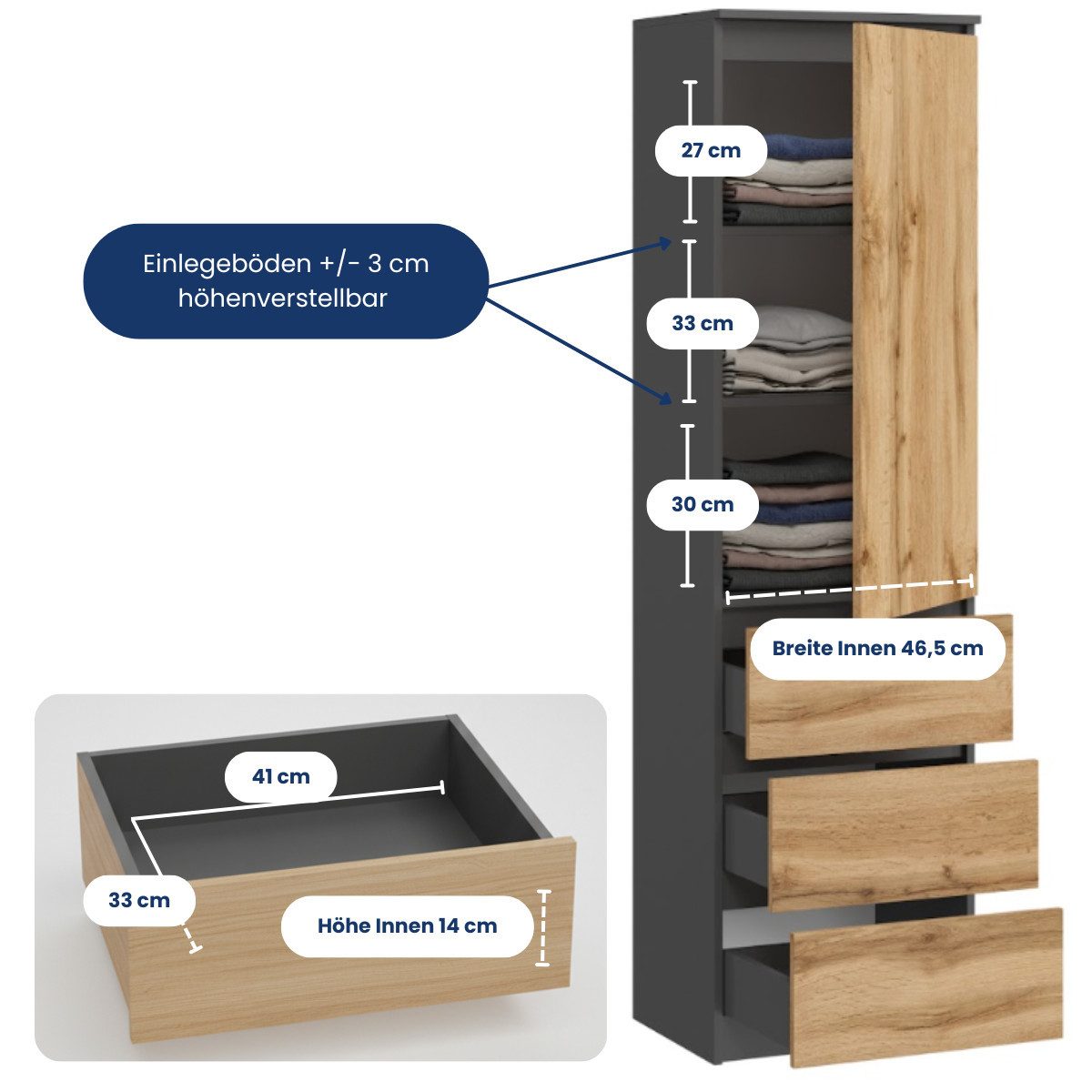 Home Collective Kleiderschrank Garderobenschrank Mehrzweckschrank Schrank platzsparend & vielseitig (50x40x180,5 cm (BxTxH), ideal für Schlafzimmer Flur & Arbeitszimmer) mit 1 Tür 3 Einlegeböden & 3 Schubladen in anthrazit-eiche
