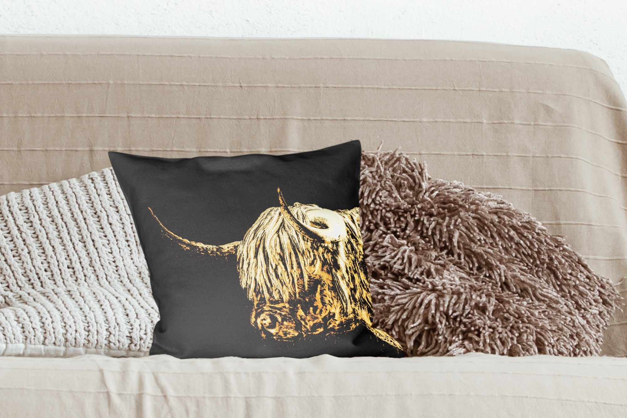 Schottische Schlafzimmer, Dekokissen Highlander Kuh Deko, Füllung Schottischer Gold, für - Sofakissen Wohzimmer, - MuchoWow mit Zierkissen