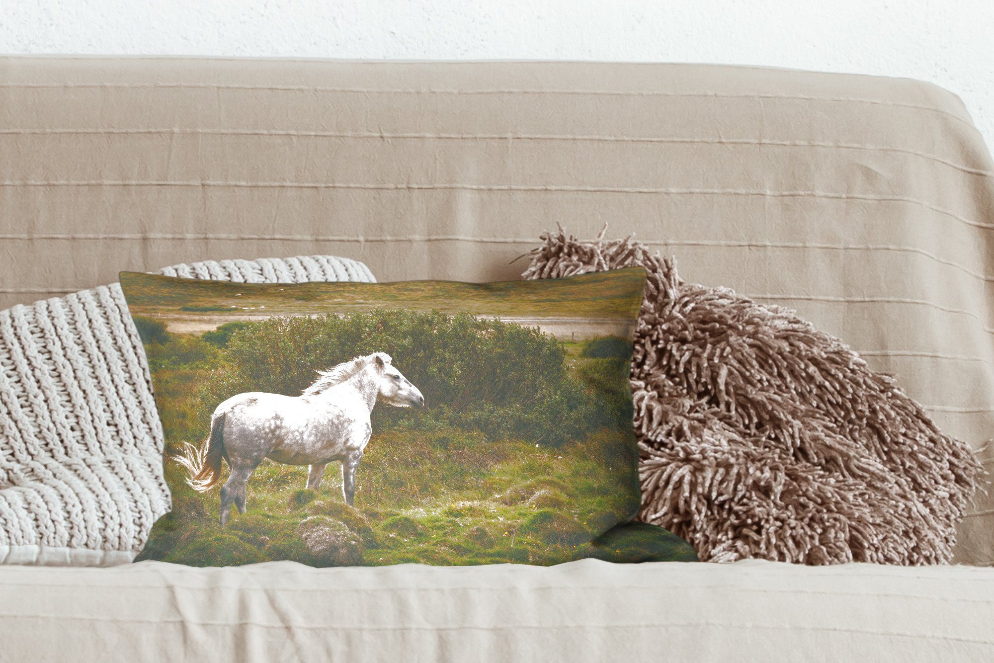 MuchoWow Schlafzimmer Island, - Dekoration, Füllung, mit Wohzimmer Zierkissen, Weiß Dekokissen - Dekokissen Pferd