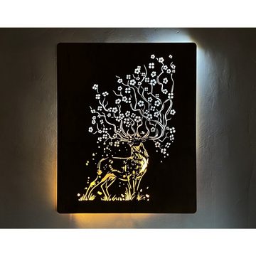 WohndesignPlus LED-Bild LED-Wandbild "Hirsch und Sakura" 70cm x 100cm mit Akku/Batterie, Tiere, DIMMBAR! Viele Größen und verschiedene Dekore sind möglich.