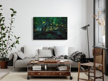 Sinus Art Leinwandbild 120x80cm Wandbild auf Leinwand Wald Dunkel Leichtkäfer Natur Bäume Nac, (1 St)