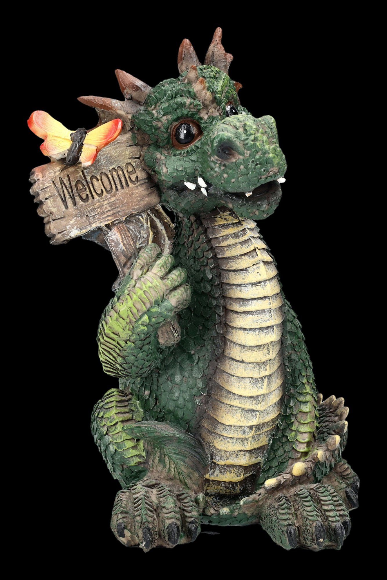 Figuren Shop GmbH Fantasy-Figur Drachen Figur grün mit Welcome Schild - Fantasy Dekoration