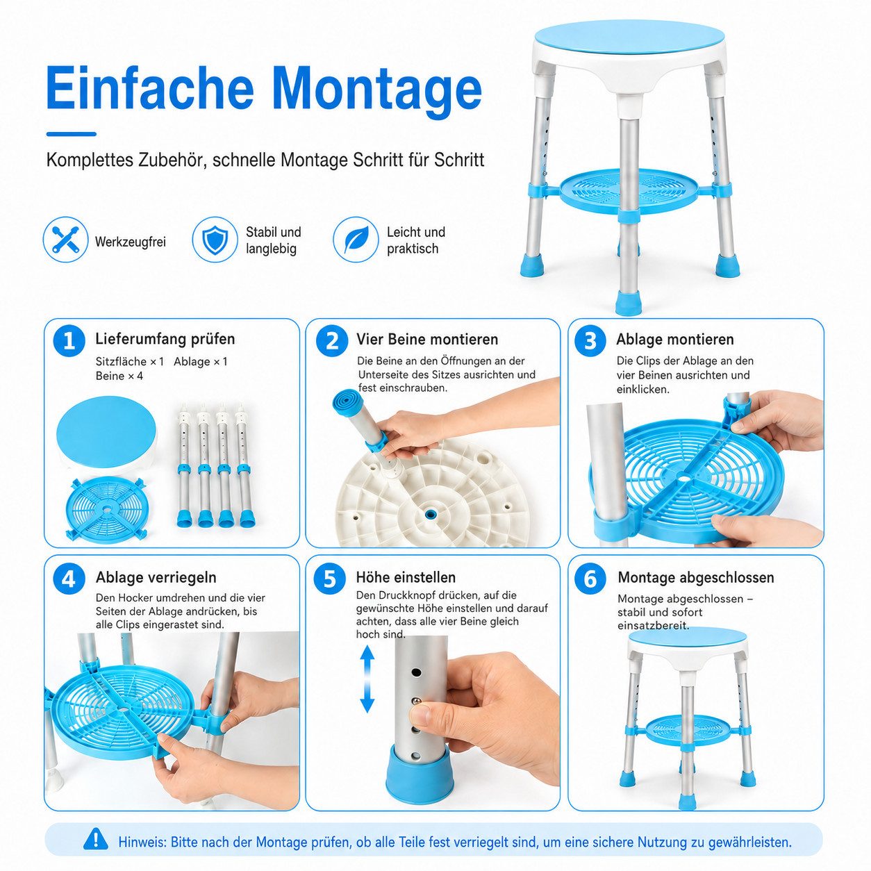 VEKROBOT Badhocker Duschhocker 360° drehbar – rutschfest, für Senioren & Schwangere (1 St., Einfache Montage – werkzeugfrei & schnell), Rutschfeste Fußkappen leicht zu reinigen und hygienisch