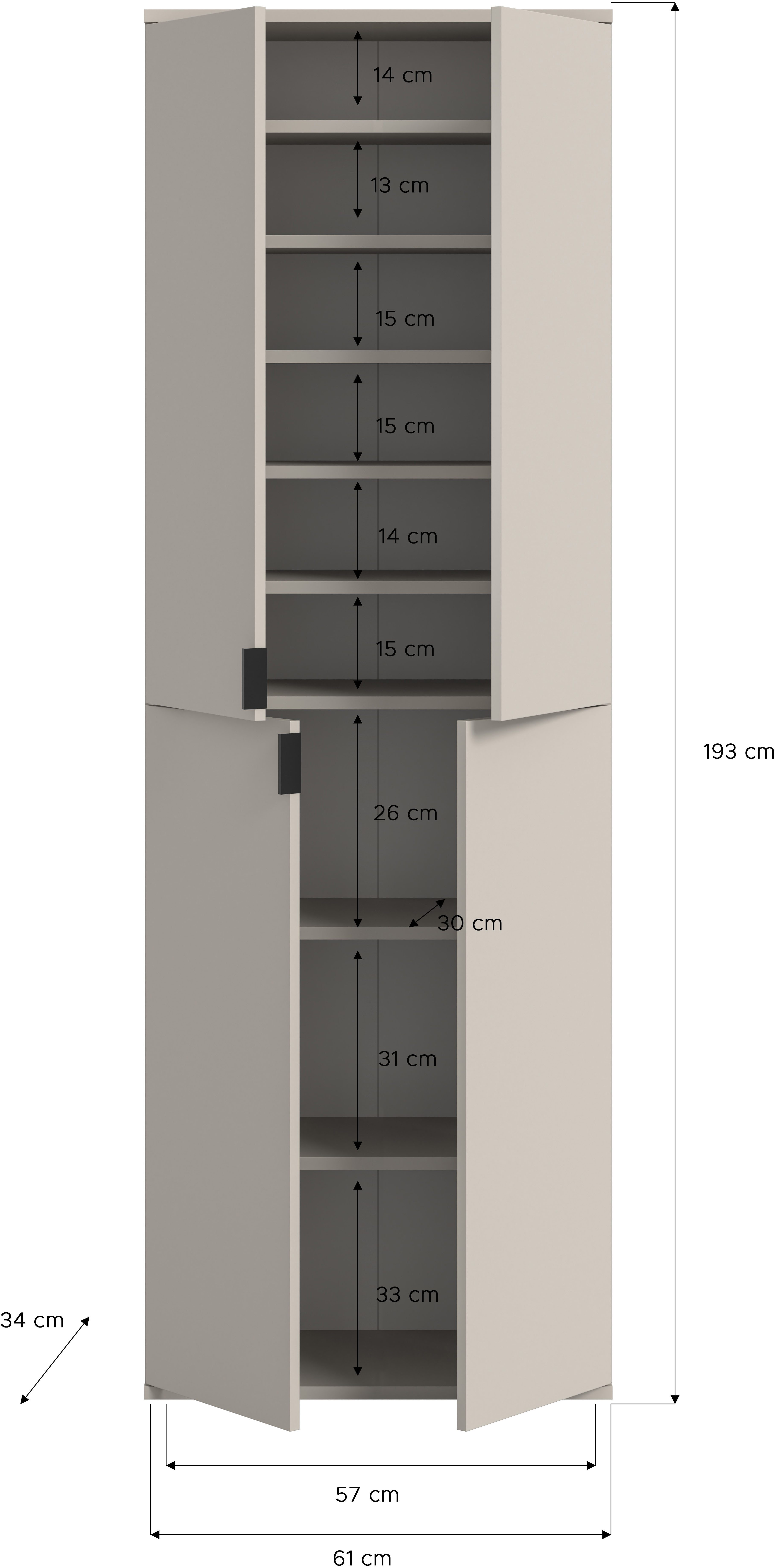 Home affaire Garderobenschrank TRONDHEIM, Höhe 193 cm, 4 Türen, 9 Fächer, 7 Einlegeböden (inkl. ausziehbarer Kleiderstange, in verschiedenen Farben erhältlich)  – Bild 5 von 5