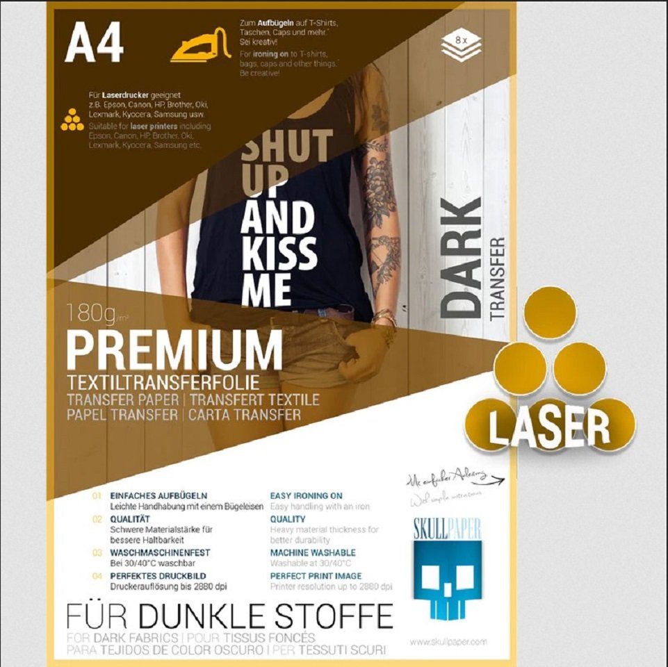 Skullpaper Dekorationsfolie Premium Textiltransferfolie für dunkle Stoffe A4 Format Laserdrucker, (Textiltransferfolie, 8St.}, 8 A4 Bögen), zum Aufbügeln