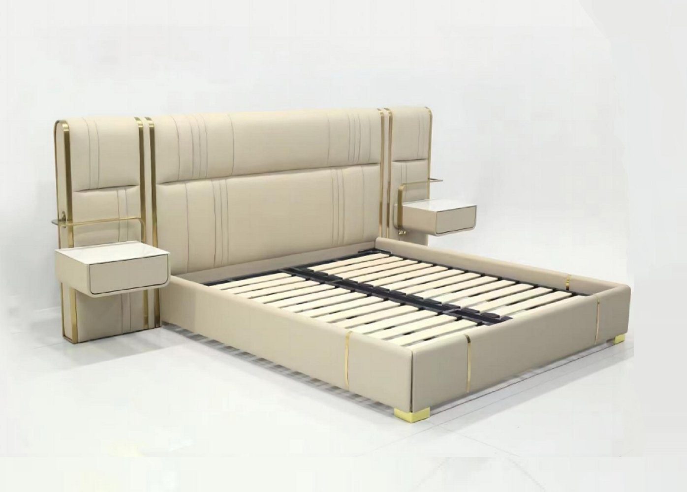 JVmoebel Bett Beiges Schlafzimmer Doppelbett mit großem Kopfteil Designer Holz (1-tlg., 1x Bett), Made in Europa