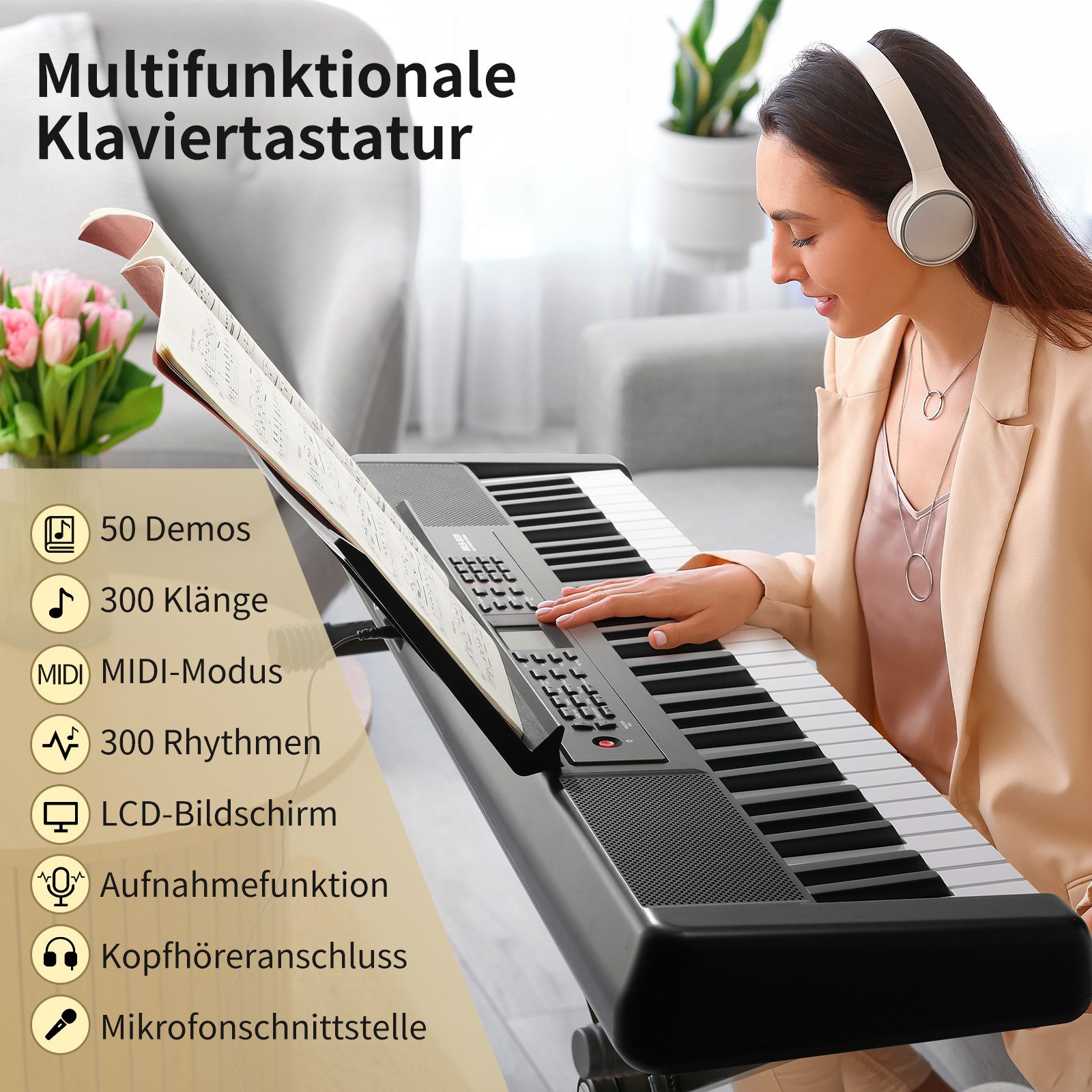 TLGREEN Digitalpiano Keyboard Piano 61 Tasten (300 Sounds, Piano Keyboard), Digital Piano für Anfänger, tragbares E-Piano