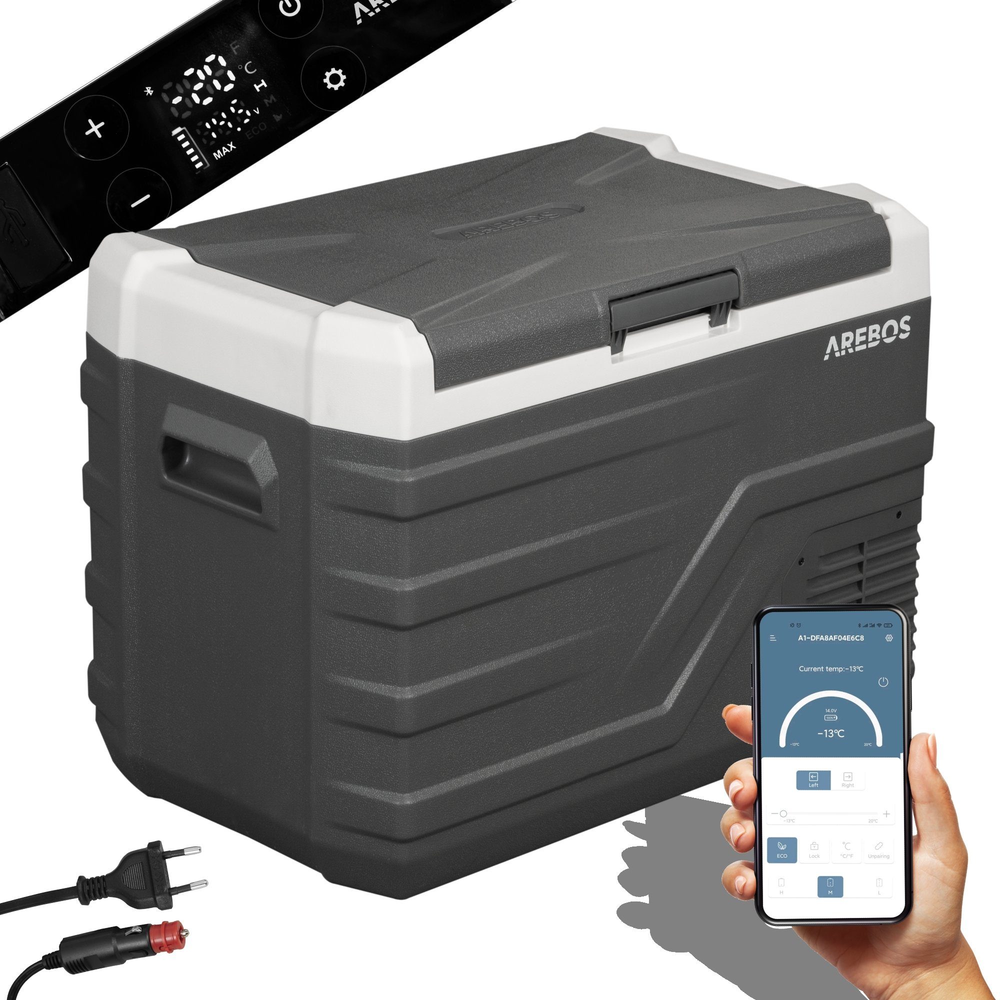 Arebos Kühlbox Gefrierbox 26-43L, Mobiler Kompressor-Kühler mit App-Steuerung, Ablassschraube zum Wasserentfernen