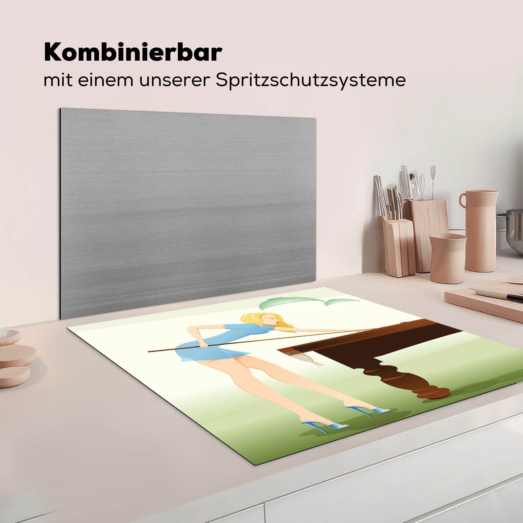 Vinyl, tlg), cm, Illustration Arbeitsplatte Herdblende-/Abdeckplatte Billard Ceranfeldabdeckung, küche für spielenden einer (1 78x78 MuchoWow Eine Frau,