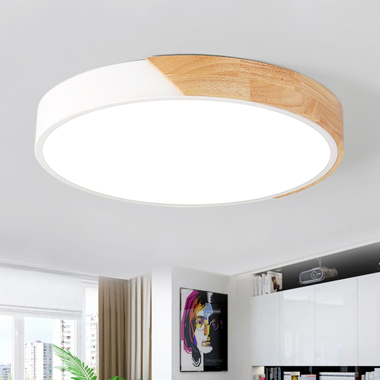 Natsen Deckenleuchte Runde LED Deckenlampe, 36W, dimmbar mit Fernbedienung, 3000K-6000K, für Wohnzimmer Schlafzimmer Kinderzimmer Küche Büro Holz (40x40x4cm)