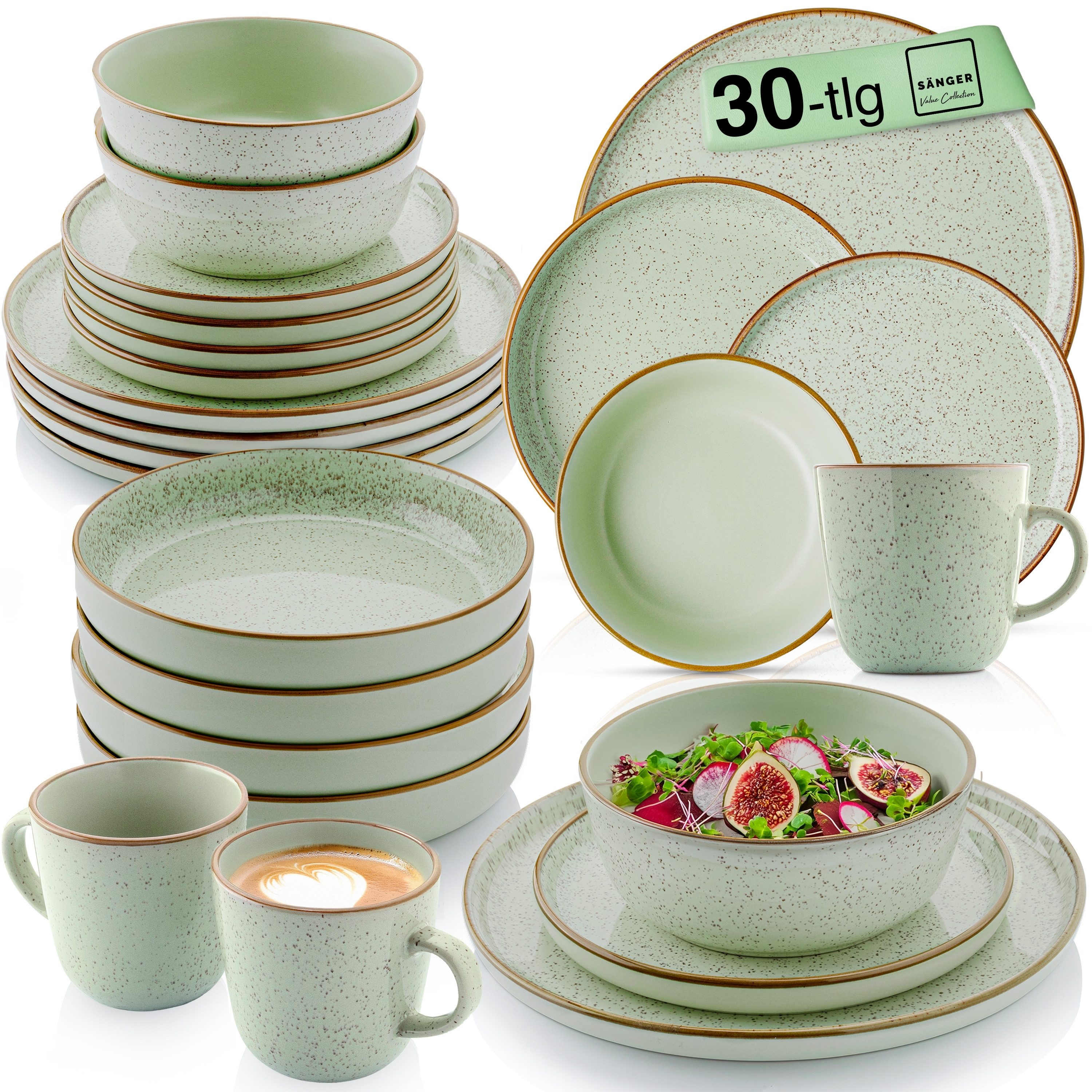 SÄNGER Tafelservice Rio Geschirrset (30-tlg), 6 Personen, Steingut, Handmade, Mintgrün, Erweiterbar, VALUE COLLECTION