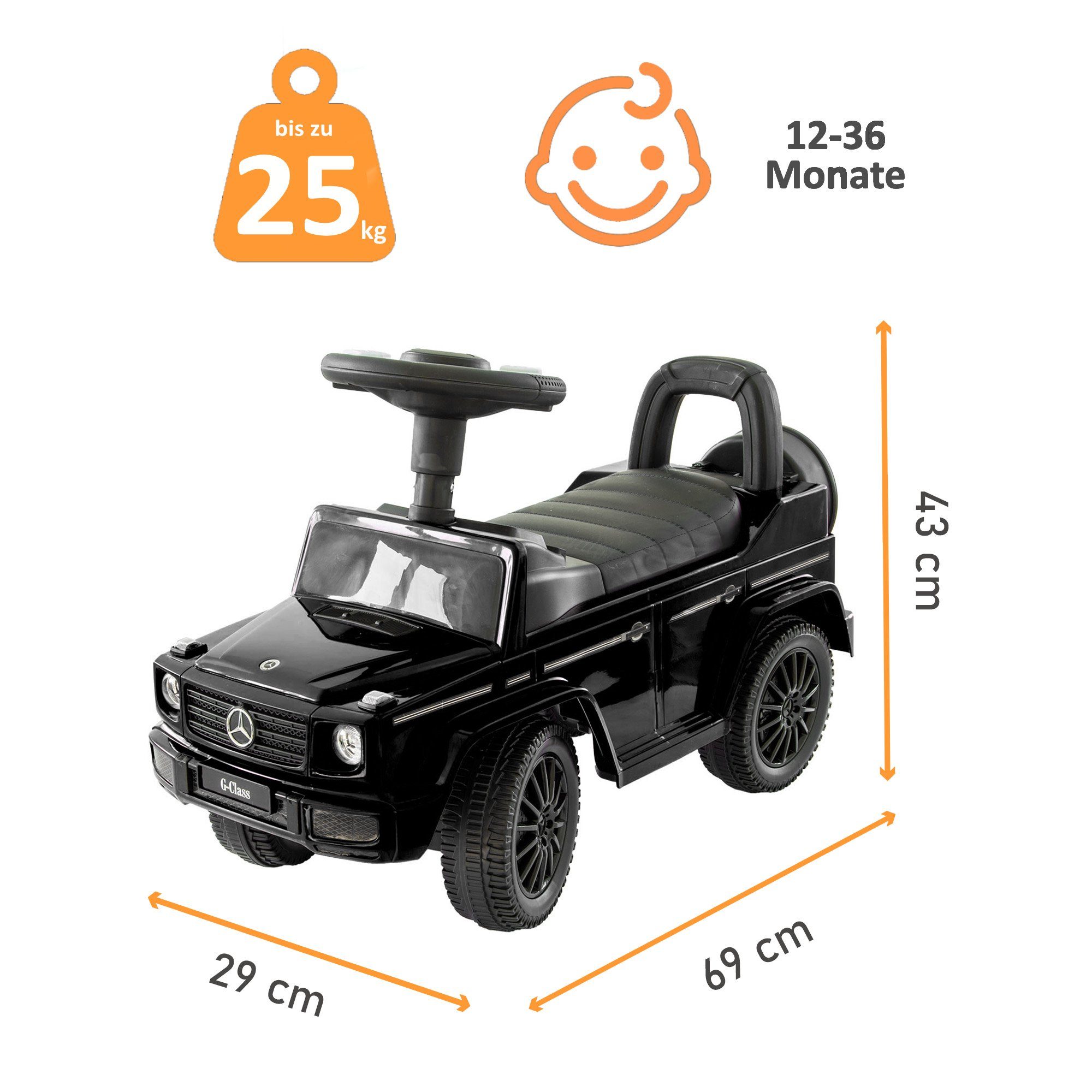 Lemodo Rutscherauto Babyrutscher Mercedes G350d, leiselaufende Kunststoffräder, mit Soundlenkrad – Bild 2 von 5