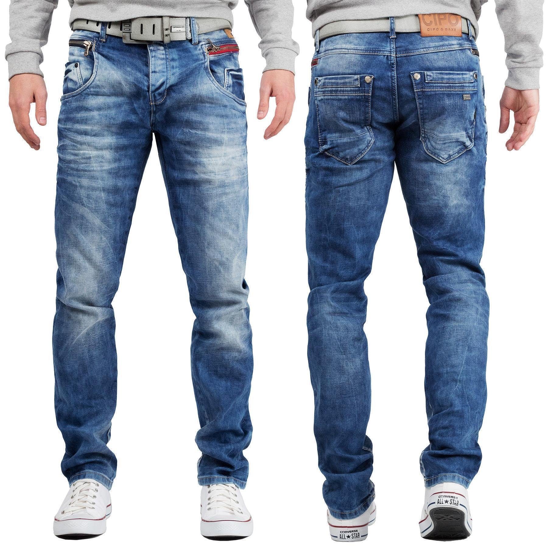 Cipo Stonewashed Hose und Baxx roten Herren BA-CD394 mit Zipper & Slim-fit-Jeans