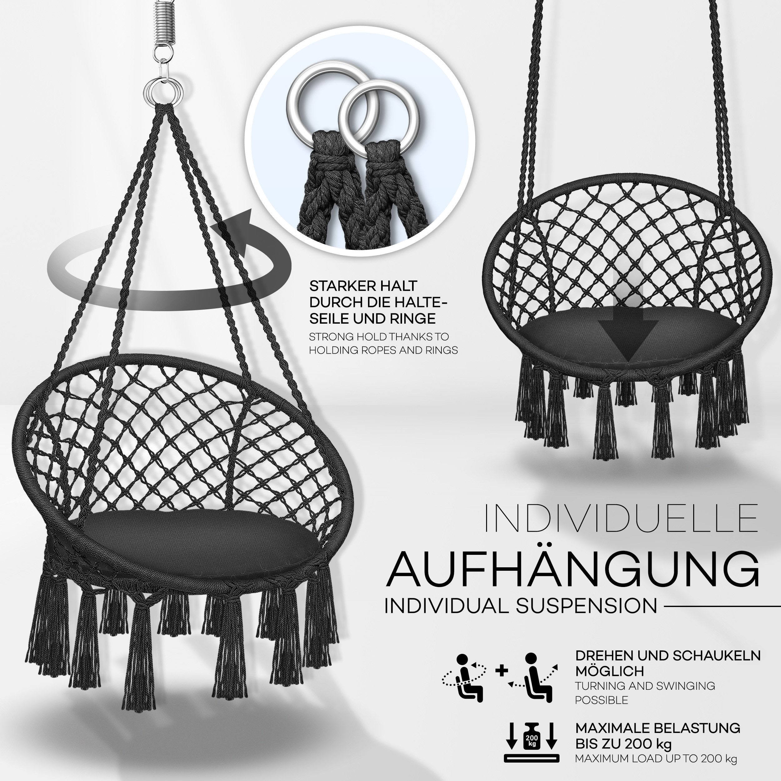 tillvex Hängesessel tillvex® Hängesessel Hängestuhl Hängeschaukel Hängekorb Hängesitz (Set, Hängesessel, Kissen, 4 Seile mit 2 Stahlringen), Kissen – Bild 3 von 5