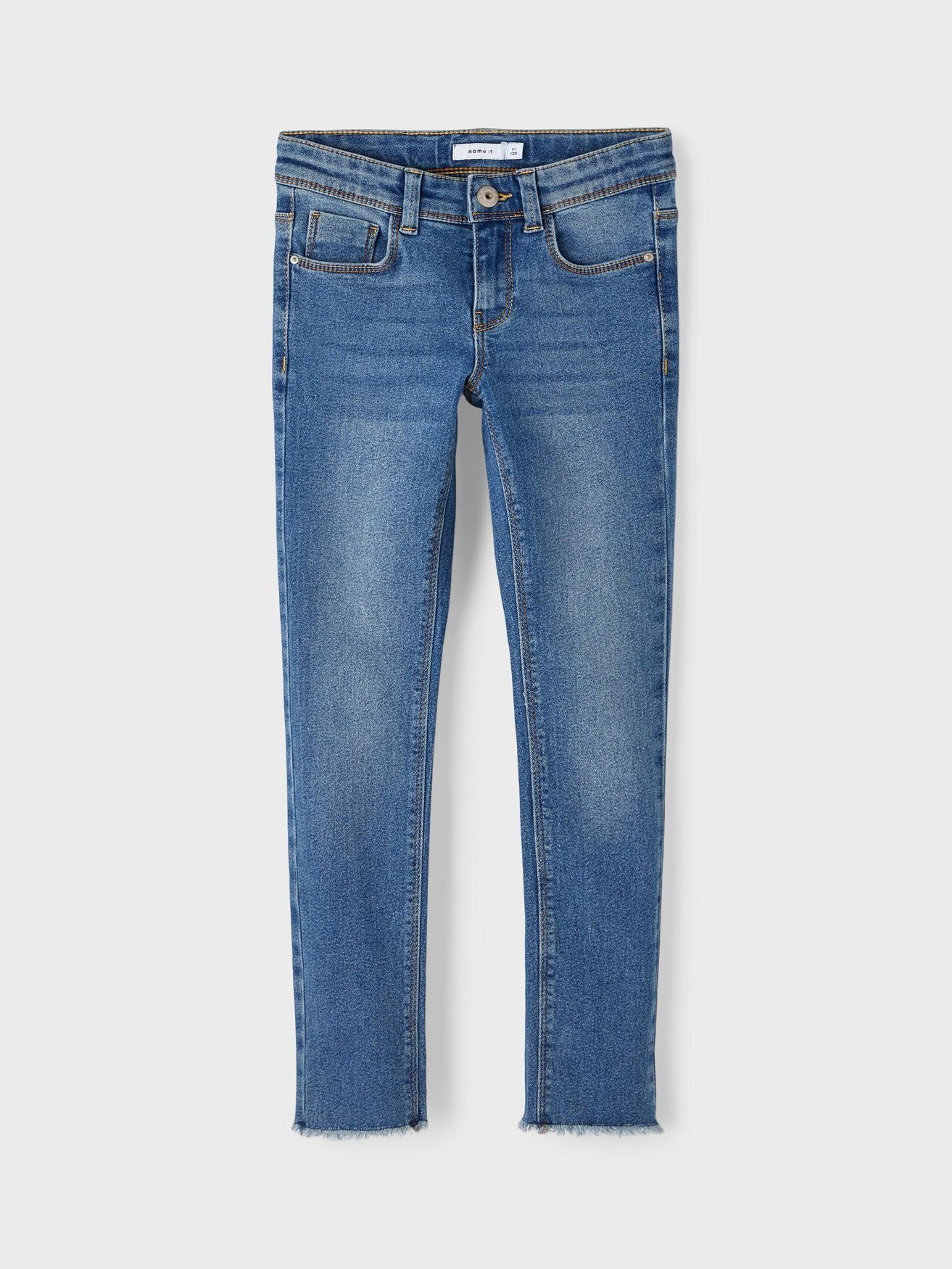 Name It Regular-fit-Jeans Skinny Jeans Denim Hose mit Fransen NKFPOLLY 5538  in Blau, MATERIAL - 75% Baumwolle, 18% Polyester, 6% Viskose, 1% | High Waist Jeans