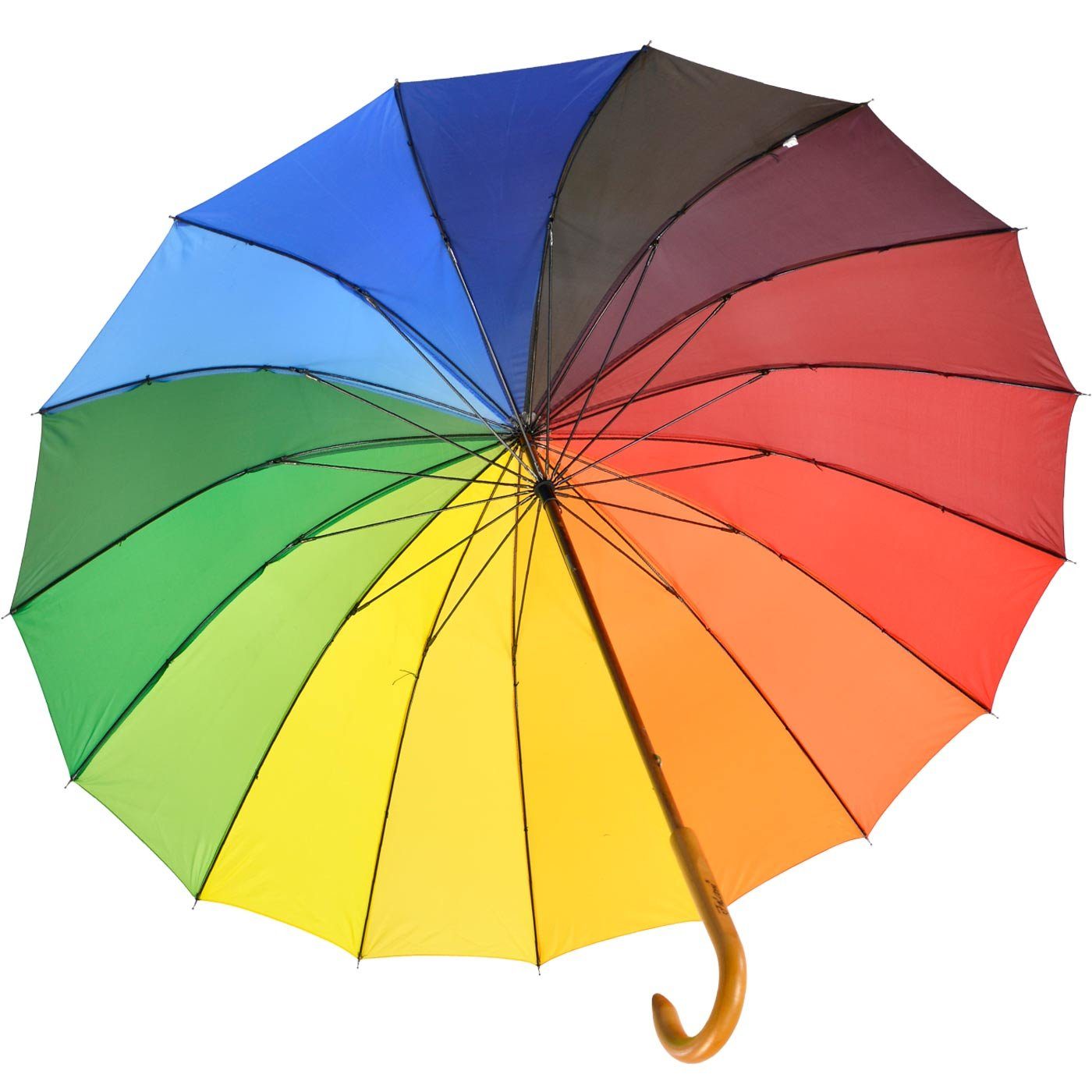 Rainbow-Look Falcone® Holzstock Langregenschirm sehr Holzgriff, bunt farbenfroh Schirm im Impliva mit Regenbogen und