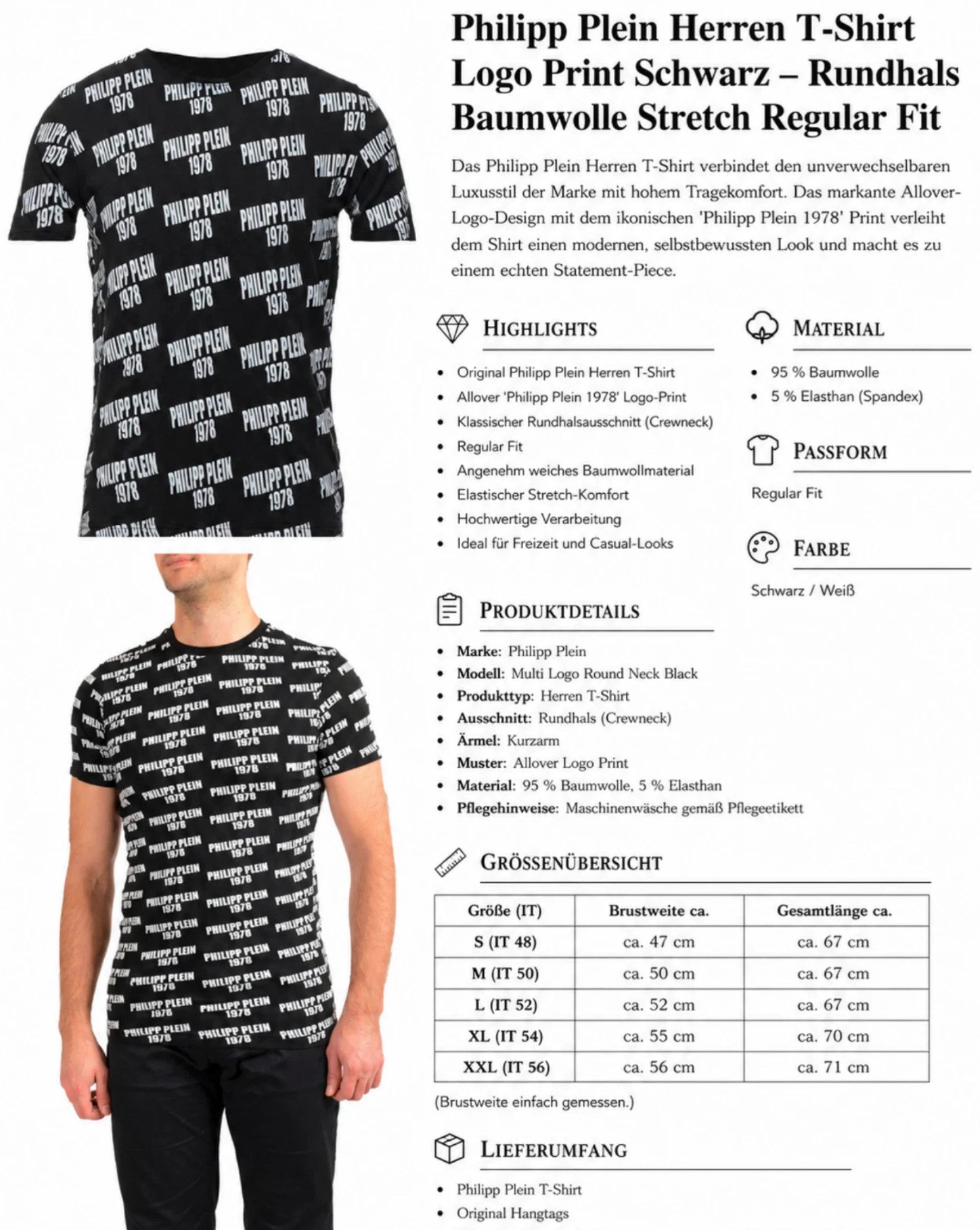 PHILIPP PLEIN T-Shirt Multi Logo Slim Fit Baumwolle Stretch Ideal für Streetwear, Freizeit, Urlaub und City-Looks – Bild 5 von 5